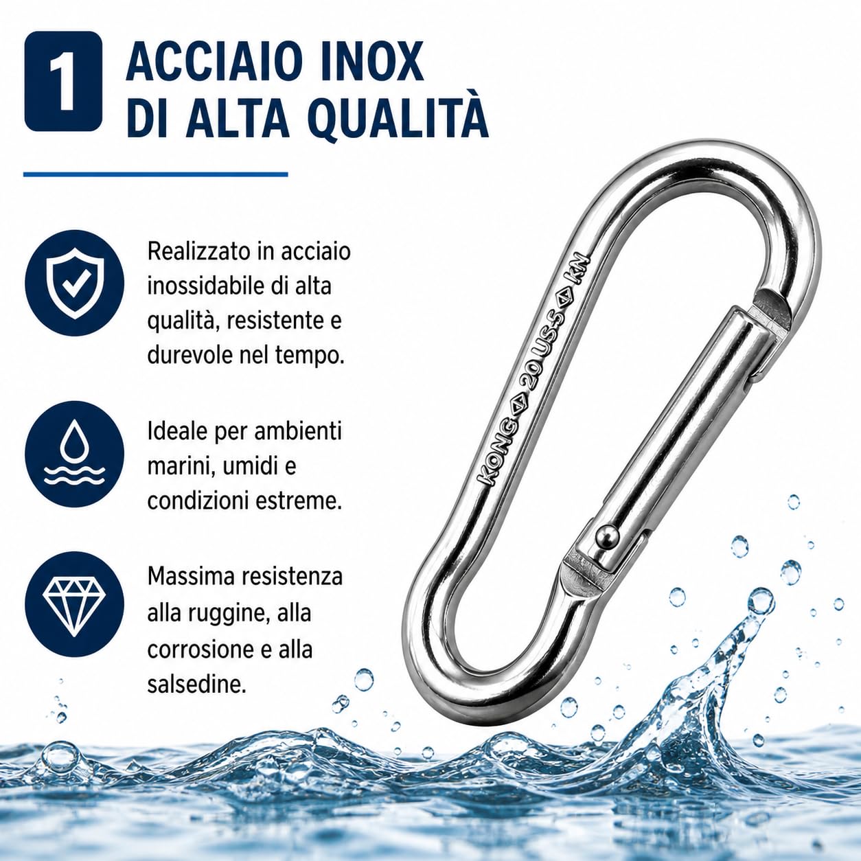 Moschettone Acciaio Inox AISI 316 Leva Dritta – Connettore Nautico Antiruggine Alta Resistenza per Barca Ormeggio Campeggio Outdoor Uso Professionale