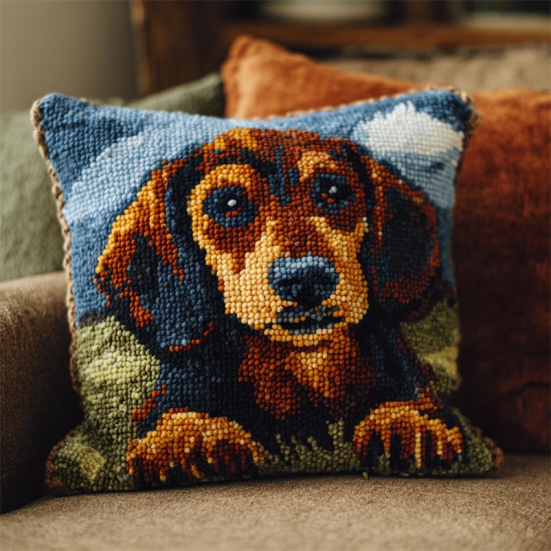 Kitquiver Animal Latch Hook Kits for Adults Cartoon Dachshund DIY Latch Hook Kits Pillowcase Embroidery,Knitting,Gift for Adults/Beginners 17x17In