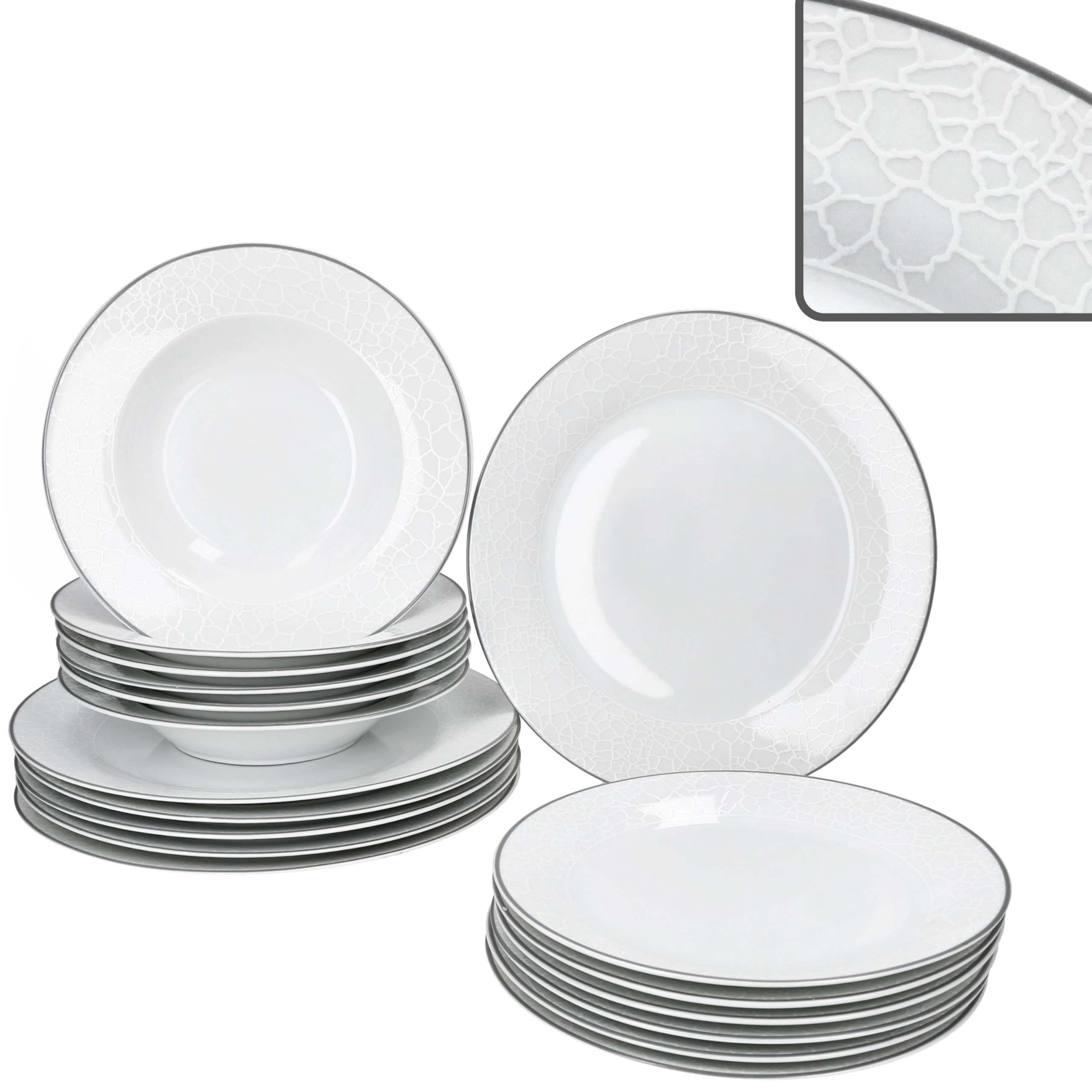MamboCat Venedig 18tlg Tellerset I weißes Porzellan Geschirr für 6 Personen I je 6x Speiseteller, Suppenteller 180ml & Kuchenteller I Relief in Kieselstein-Optik