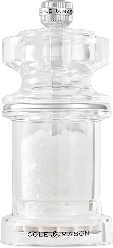 Miniatura 12 de COLE & MASON Molinillo de sal 505, molino acrílico transparente que incluye mecanismo de precisión y sal marina de primera calidad