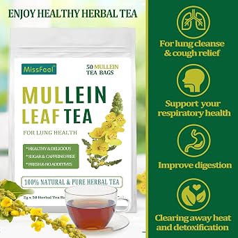 Mullein Leaf Tea, Mullein Leaf Tea Bags for Respiratory, Natural Mulleins Teas for Lung, Natural Herbal Teas, Caffeine-free, Sugar-free (50 Pcs 1 Bag, Mullein Leaf Tea)