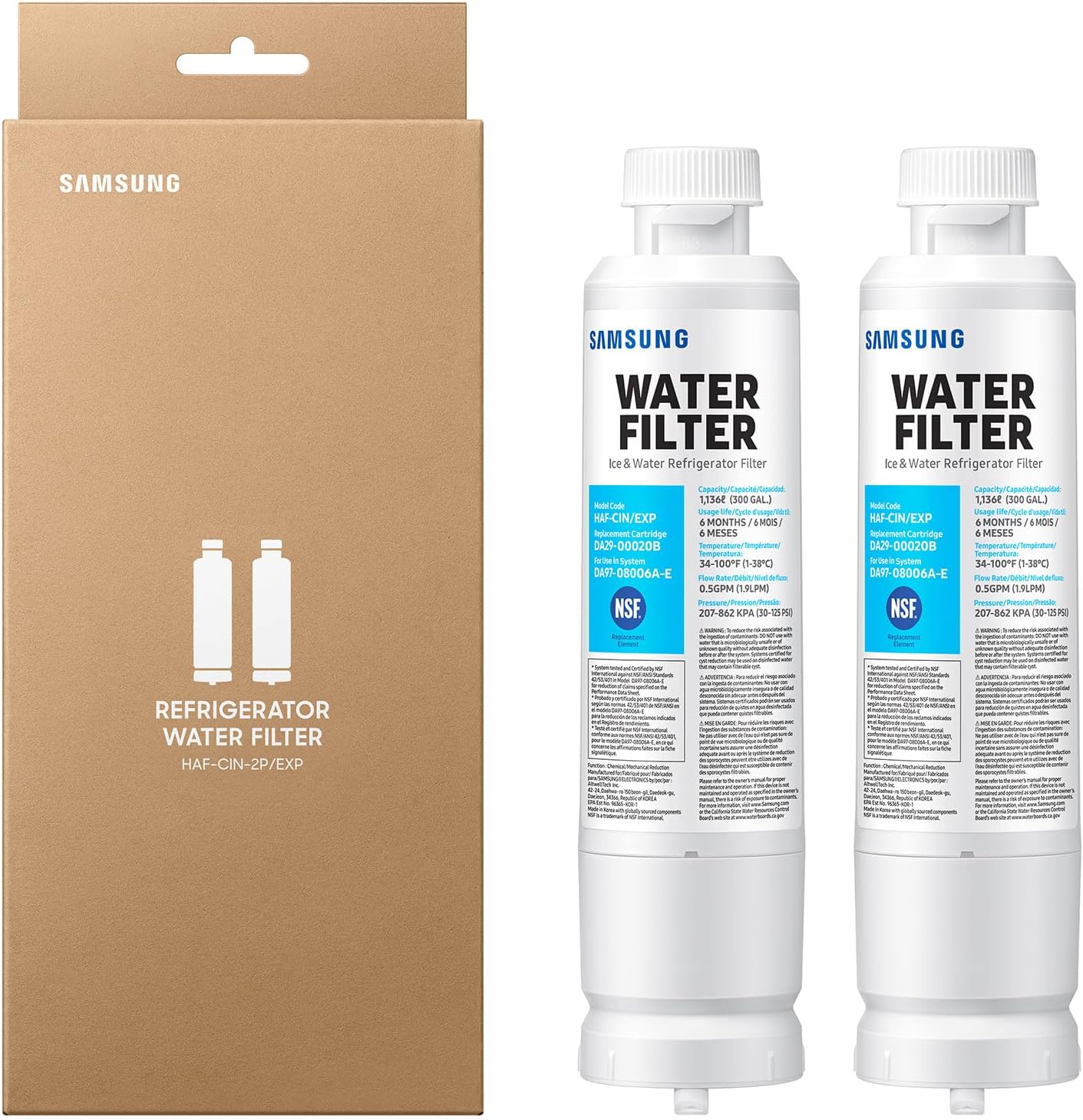 SAMSUNG Genuine Filters for Refrigerator Water and Ice, Carbon Block Filtration for Clean, Clear Drinking Water, DA29-00020B-2P, 2 Pack