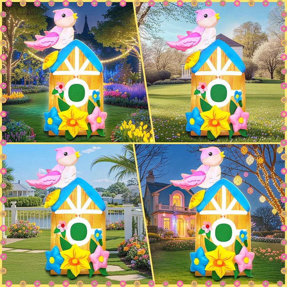 5FT Spring Inflatable Bird House Outdoor Decorations Blow up Yard Decor, Built-in LED Lights for Spring Easter Yard Garden Lawn Party