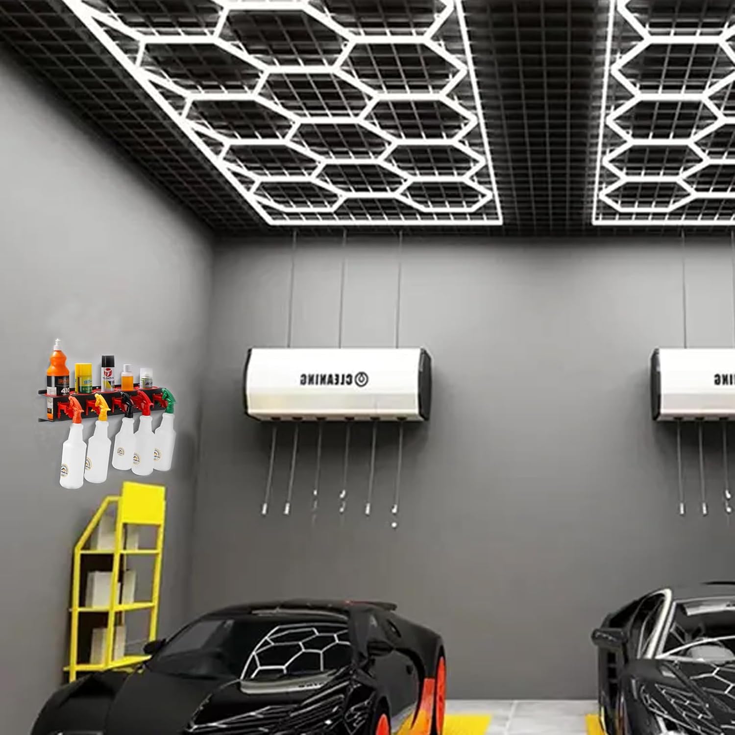 Spray Bottle Rack Organizer, 2 Pack Wall-mounted Spray Bottle Holder, Car Beauty Shop Garage Bottle Organizer for Garage & Workspace, Steel Storage Rack with 5 Hooks & 5 PCS Detailing Cleaning Brushes