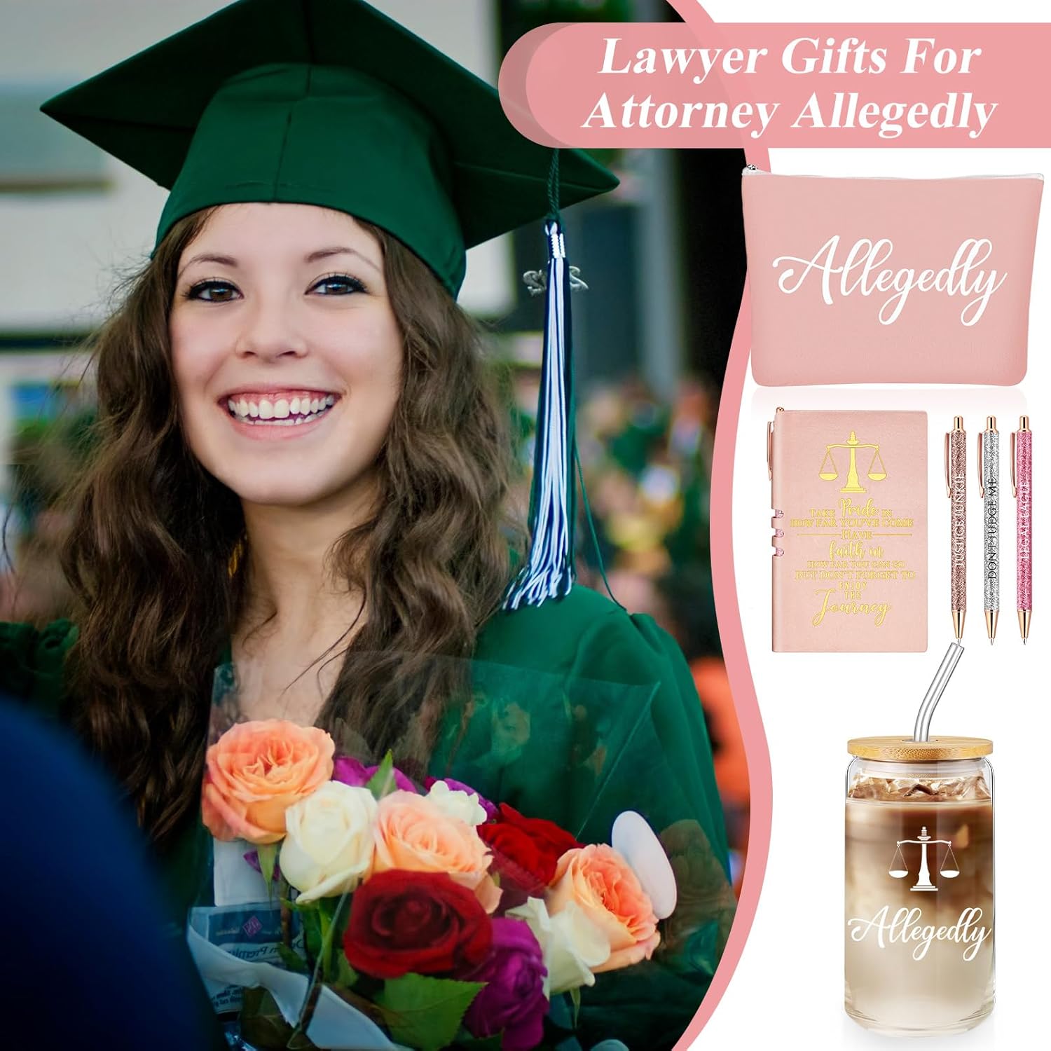 Domensi 6 Pcs Funny Lawyer Gifts Allegedly Essentials for Law School Student 16 oz Glass Cup Tumbler Makeup Bag Notepad Ballpoint for Women Valentine's Day Law Bar Study Paralegal Attorney(Pink) - Image 5