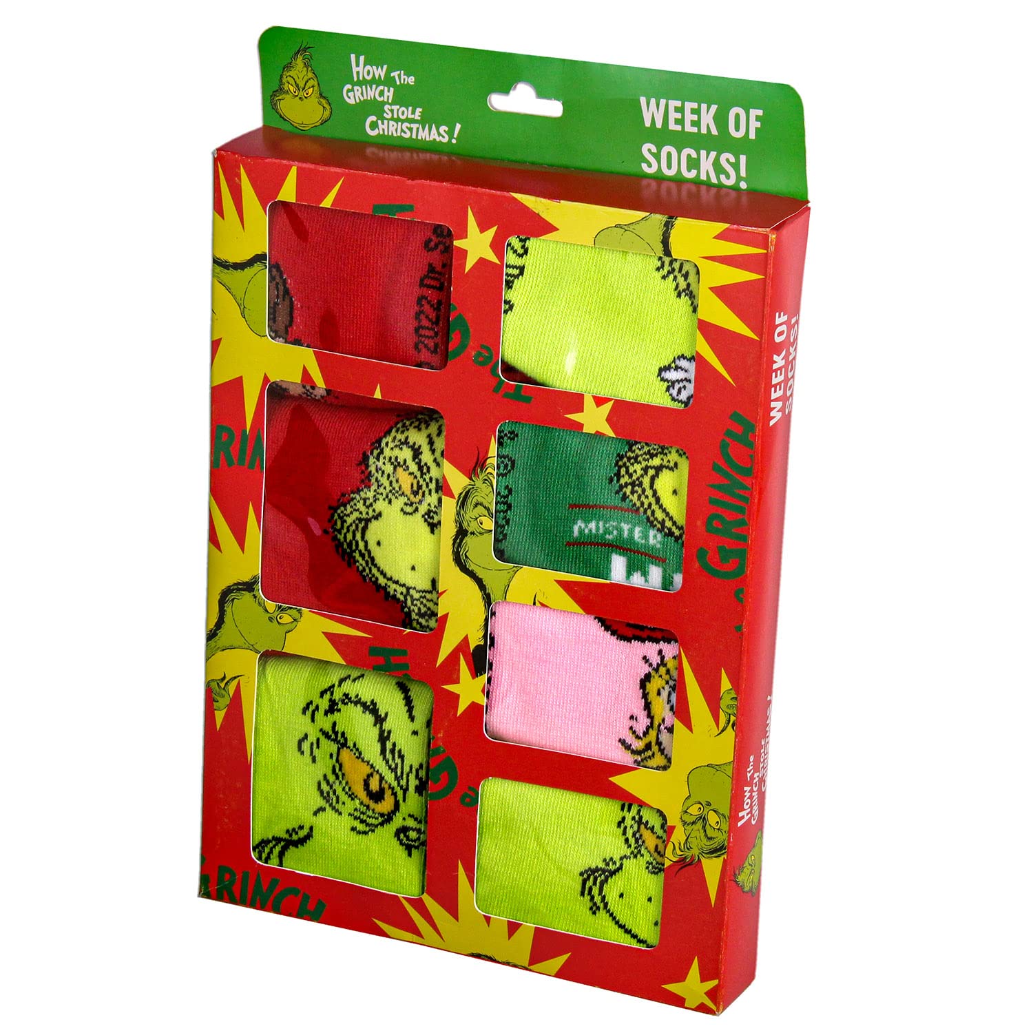 Bioworld Dr Seuss Kids How Grinch Stole Christmas Week of Socks Mix and Match - Juego de 7 pares de cajas de regalo (tamaño de calcetín 7-9), Multi colorido, 7-9