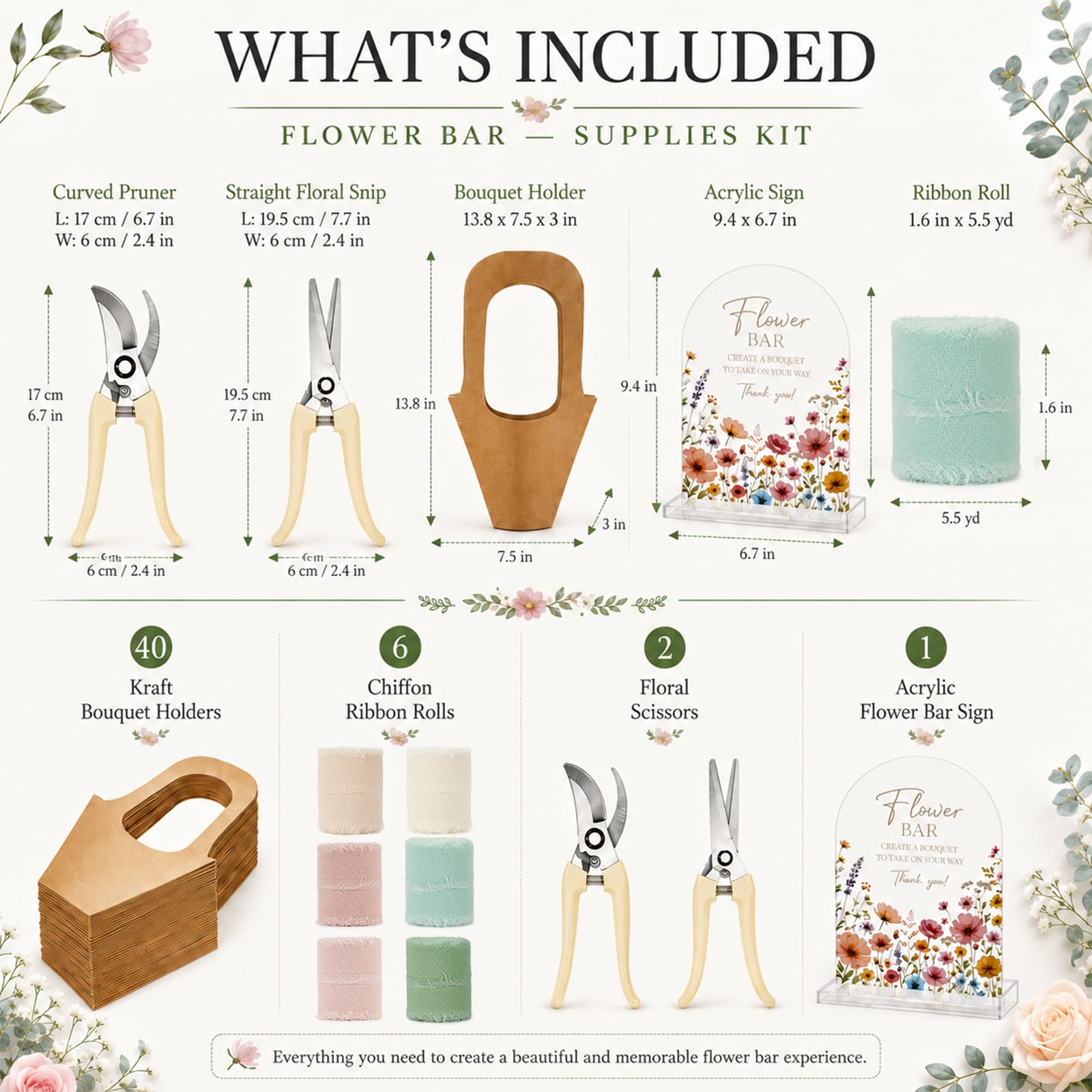 Kit da 49 pezzi per fiori e bouquet, con nastro in chiffon