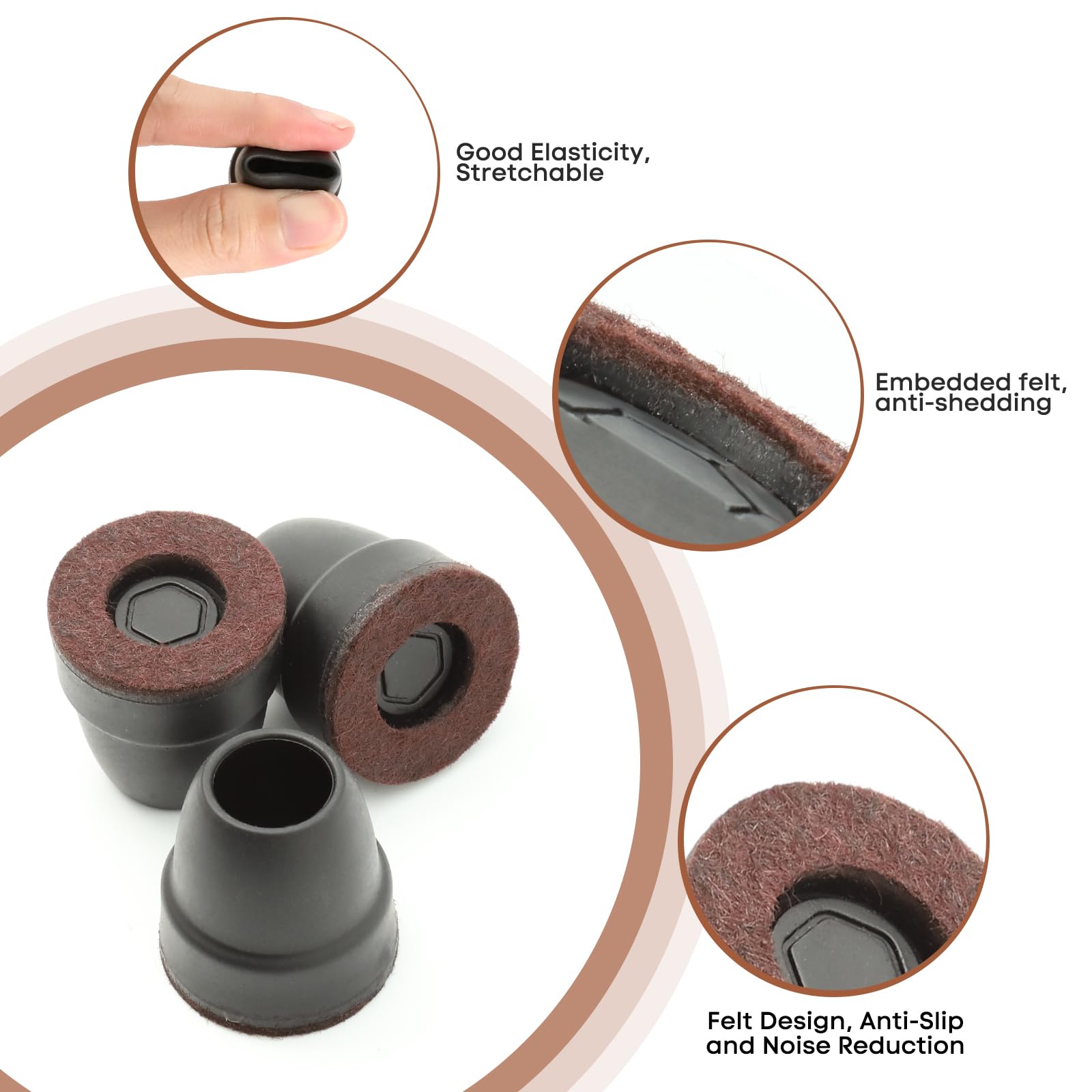 Protezione per Gambe di Sedie, Antiscivolo, Ammortizzanti, Accessori di Protezioni per Mobili, Silicone Nero con Feltro, Cappucci Rotondi per Zampe e Base di Appoggio Della Seduta
