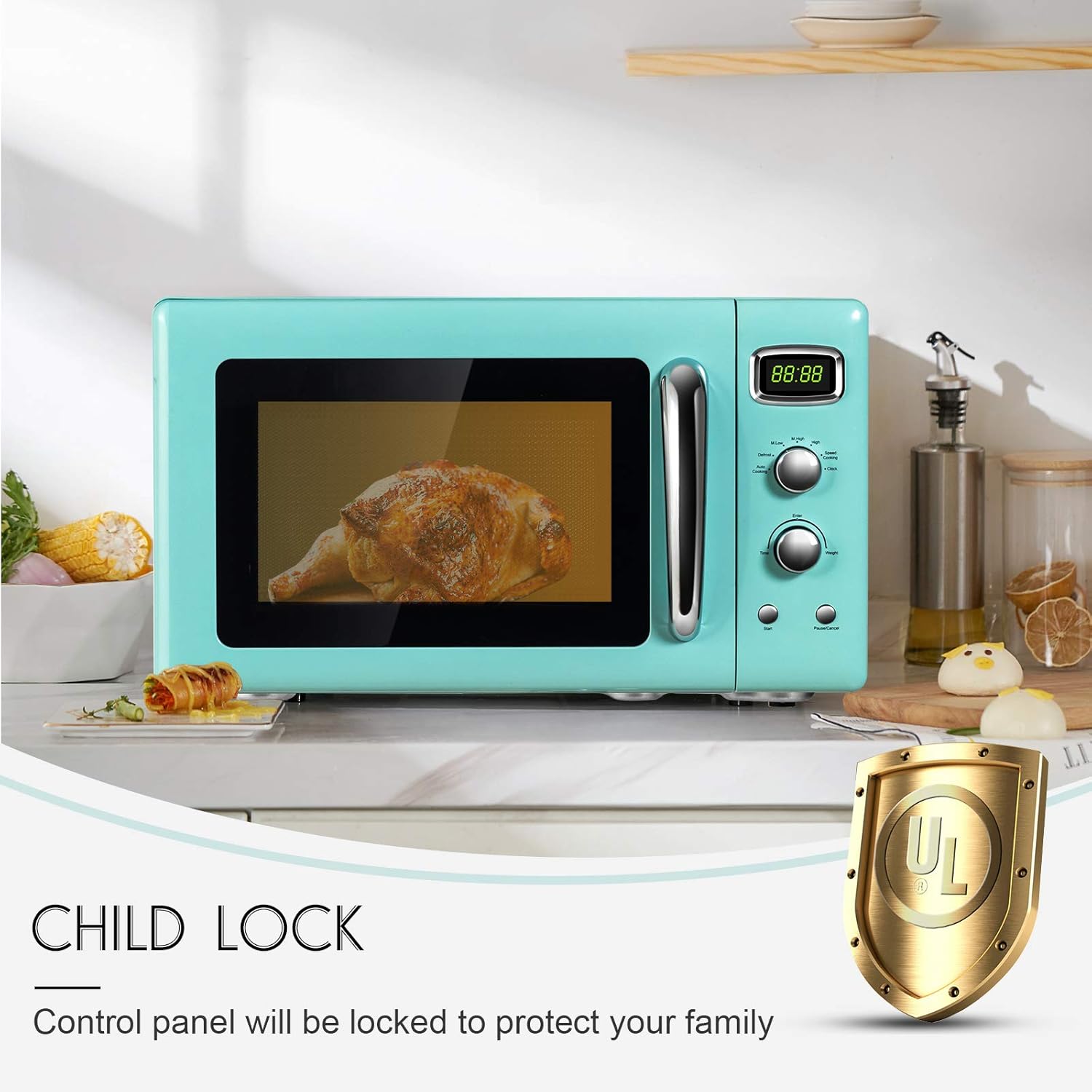 Moccha Large 0.9Cu.ft Countertop Microwave Oven, 900-Watt Retro Microwave w/Child Safety Lock, Defrost & Auto Cooking Function, LED Display, Glass Turntable (Mint Green)