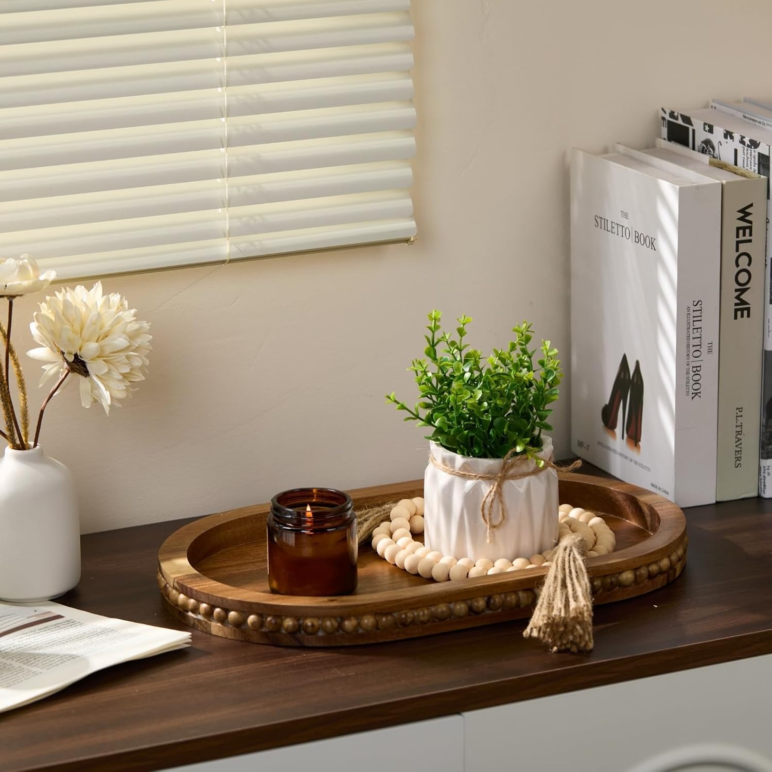 Acacia Wood Decorative Tray for Coffee Table Centerpiece - Bead Oval Wooden Serving Tray for Farmhouse Home Decor, Rustic Living Room Table Decor for Bathroom Vanity or Kitchen Counter