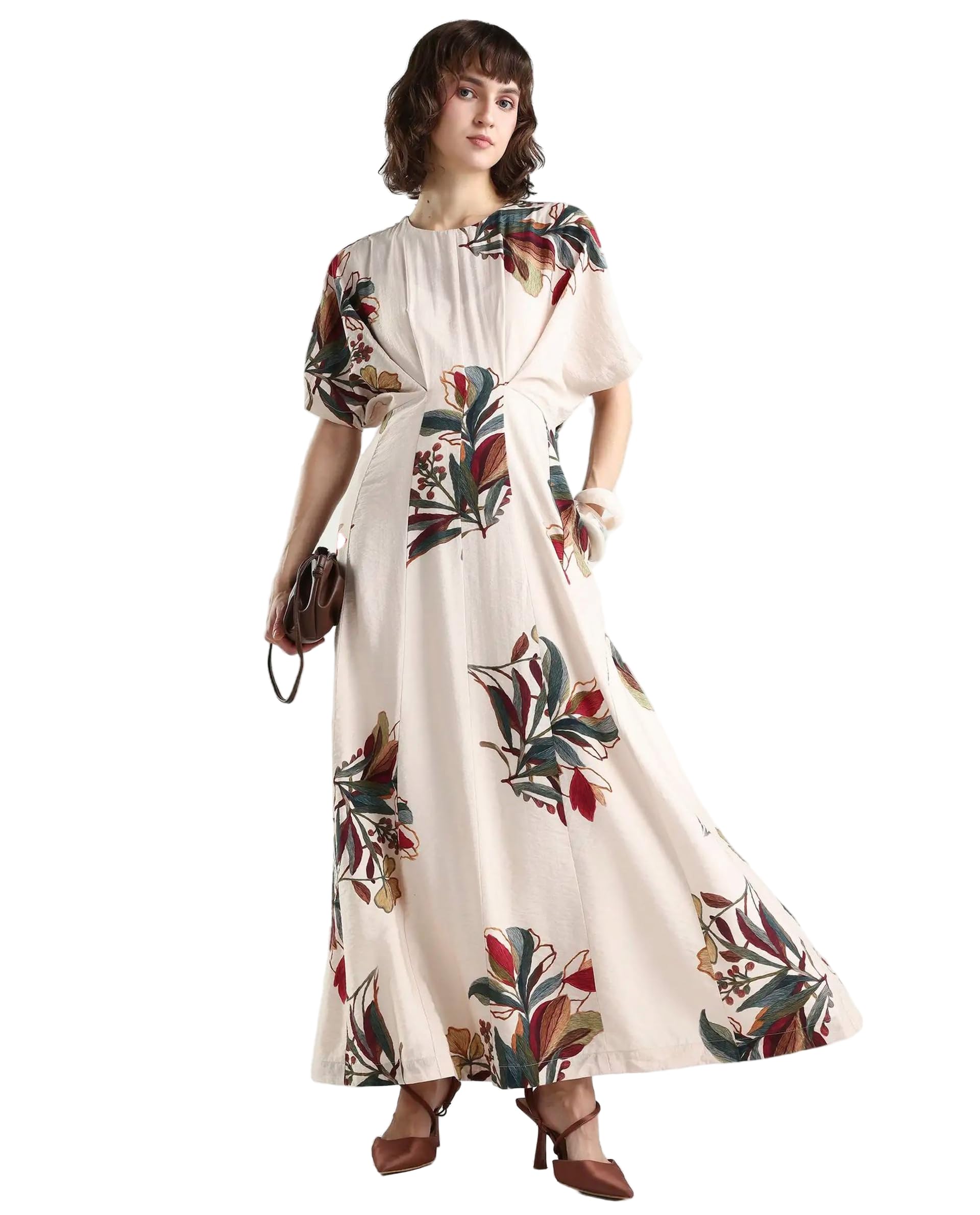 Flared Floral Beige Viscose Blend Round Neck Half Sleeve Dress-image-46