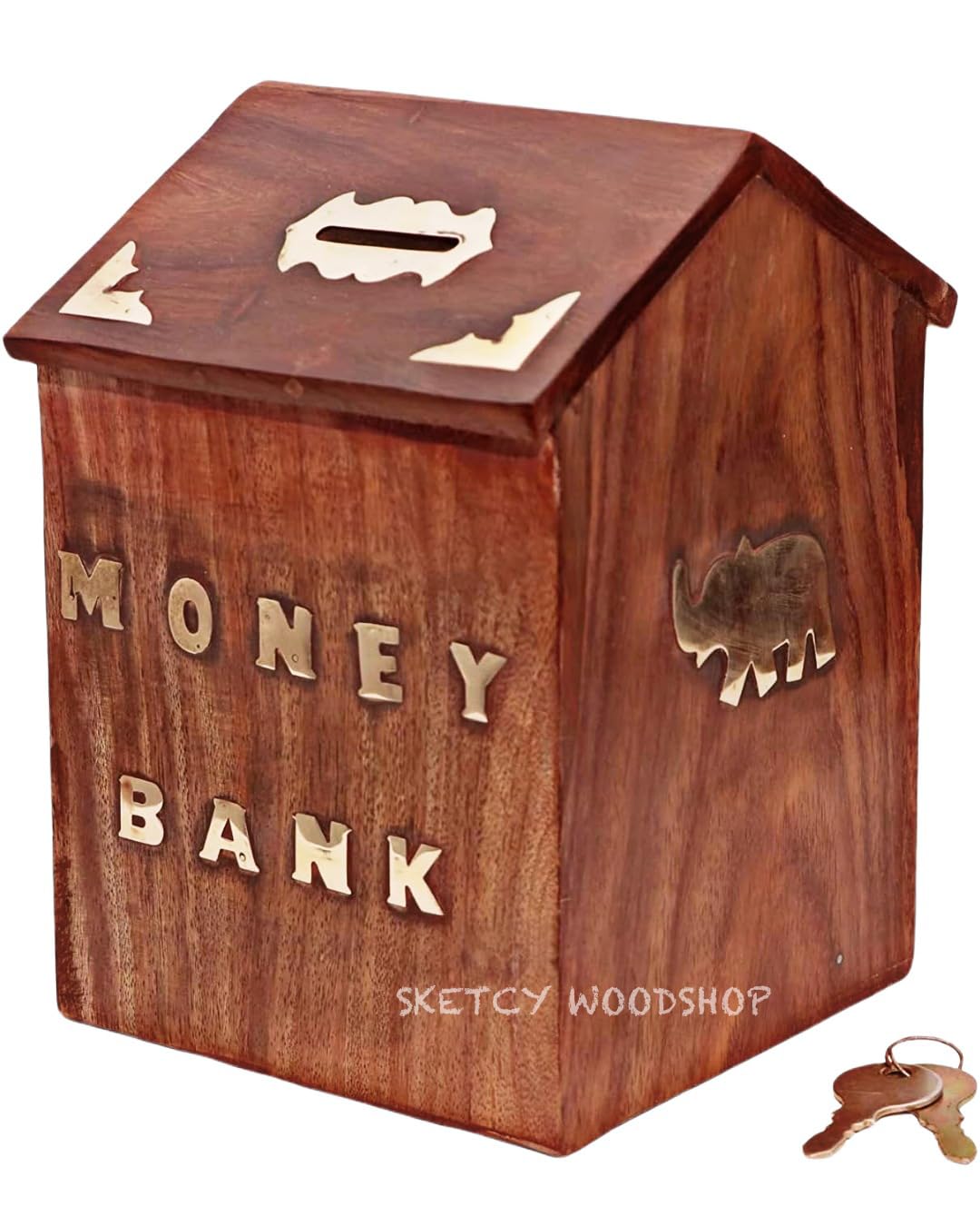 Money Bank - Big Size Master Size Large Hut Shape Piggy Bank Wooden 7 X 5 Inch for Kids and Adults (Brown), Modern