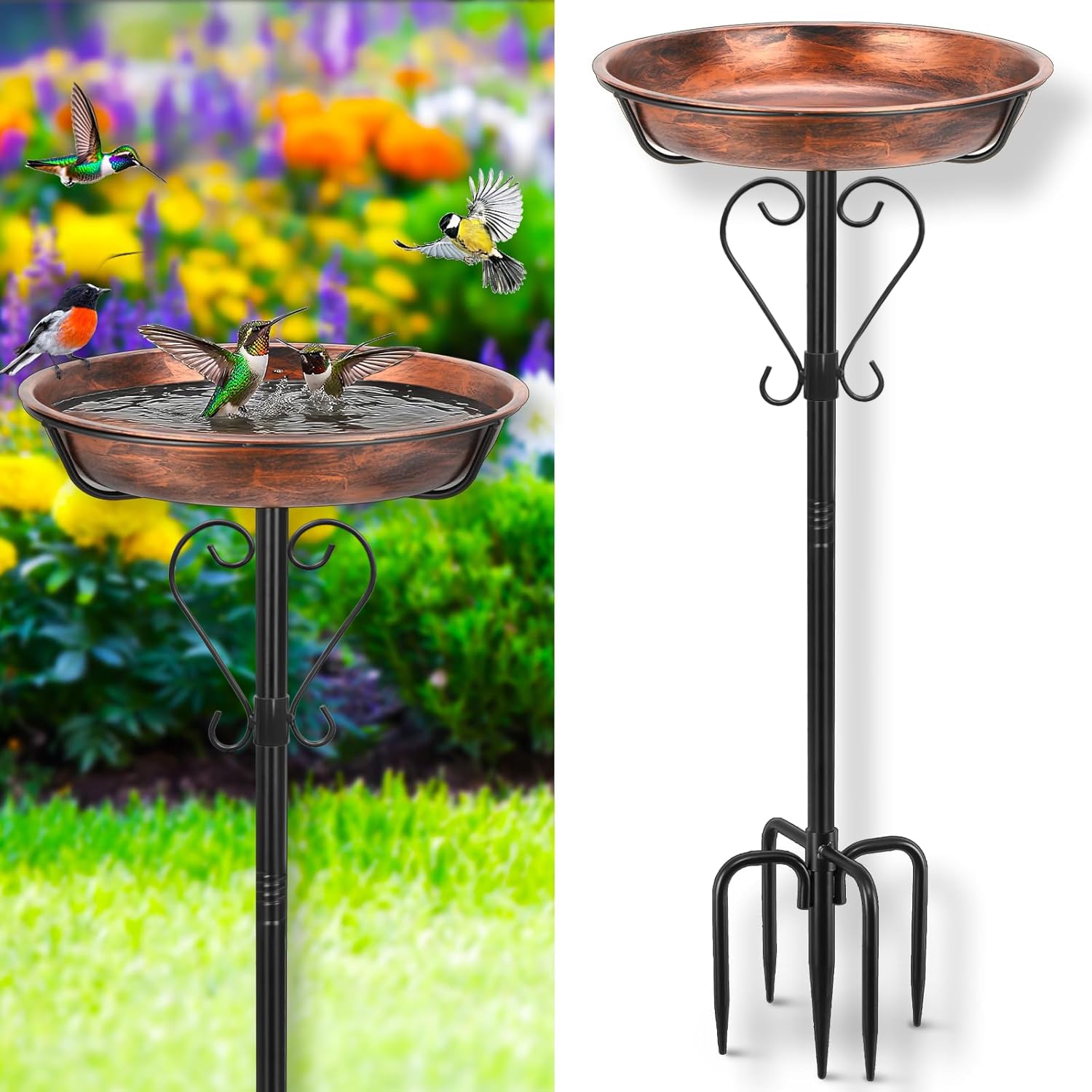 GREELUE Vogeltränke Stehend 30CM, Vogelbad für Garten Balkon, Metall Wassertränke für Wildvögel, Futter Schale Vogelbad Gartendeko Bird Bath