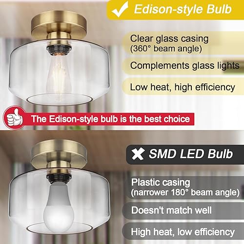 Miniatura 6 de Lámpara de techo industrial semiempotrada de latón, bombilla LED de 800 lúmenes incluida, lámpara de techo con pantalla de vidrio transparente,