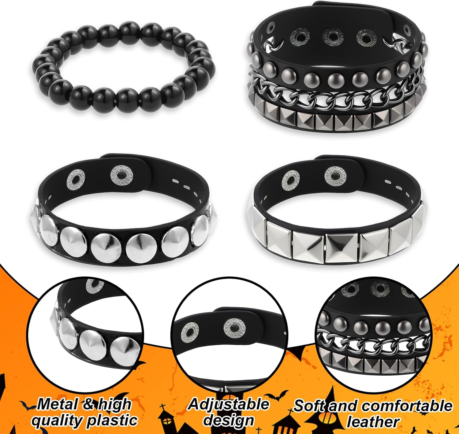 Vin Beauty 4 Pcs Leather Studded Bracelets for Men Women, Punk Leather Rock Studded Bracelets Emo Punk Rock Leathers Goth Jewelry for Vintage Outfits - Image 4