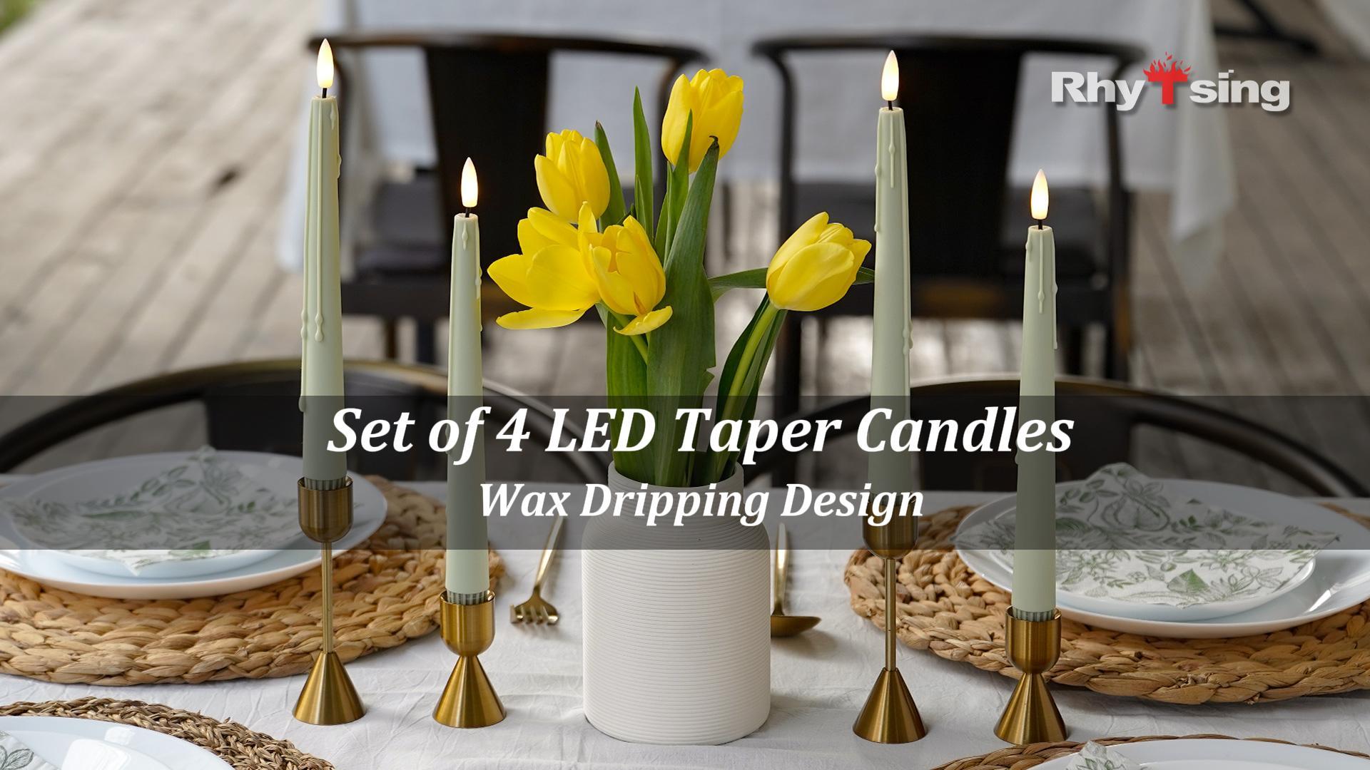 Image of Rhytsing 9.6 inches Sage Green Flameless Taper Candle with Remote, Battery Operated LED Dinner Candles with Timer for Spring and Summer, Wax Dripping Design, 8 Batteries Included - Set of 4