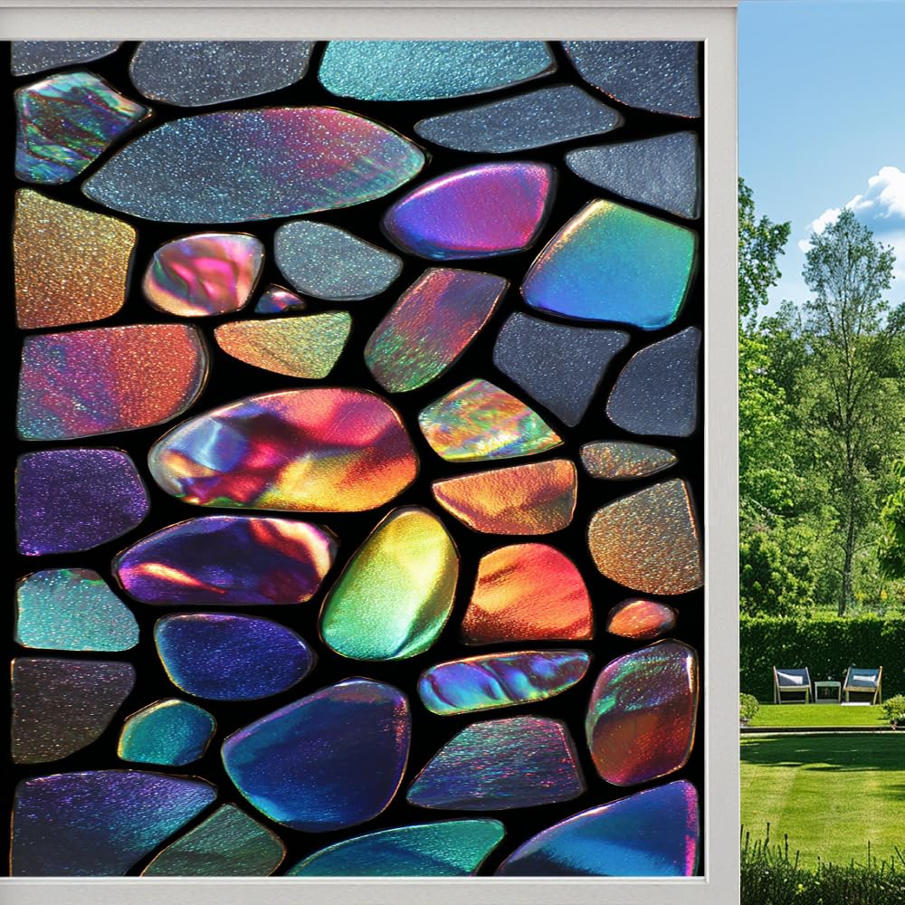 Pmlbaous Abstract Color Blocks Frosted Window Film, Colorful Abstract Pebbles Stained Glass Privacy Film, Heat Insulation Self-Adhesive Vinyl For Bathroom Office, （40X90cm）
