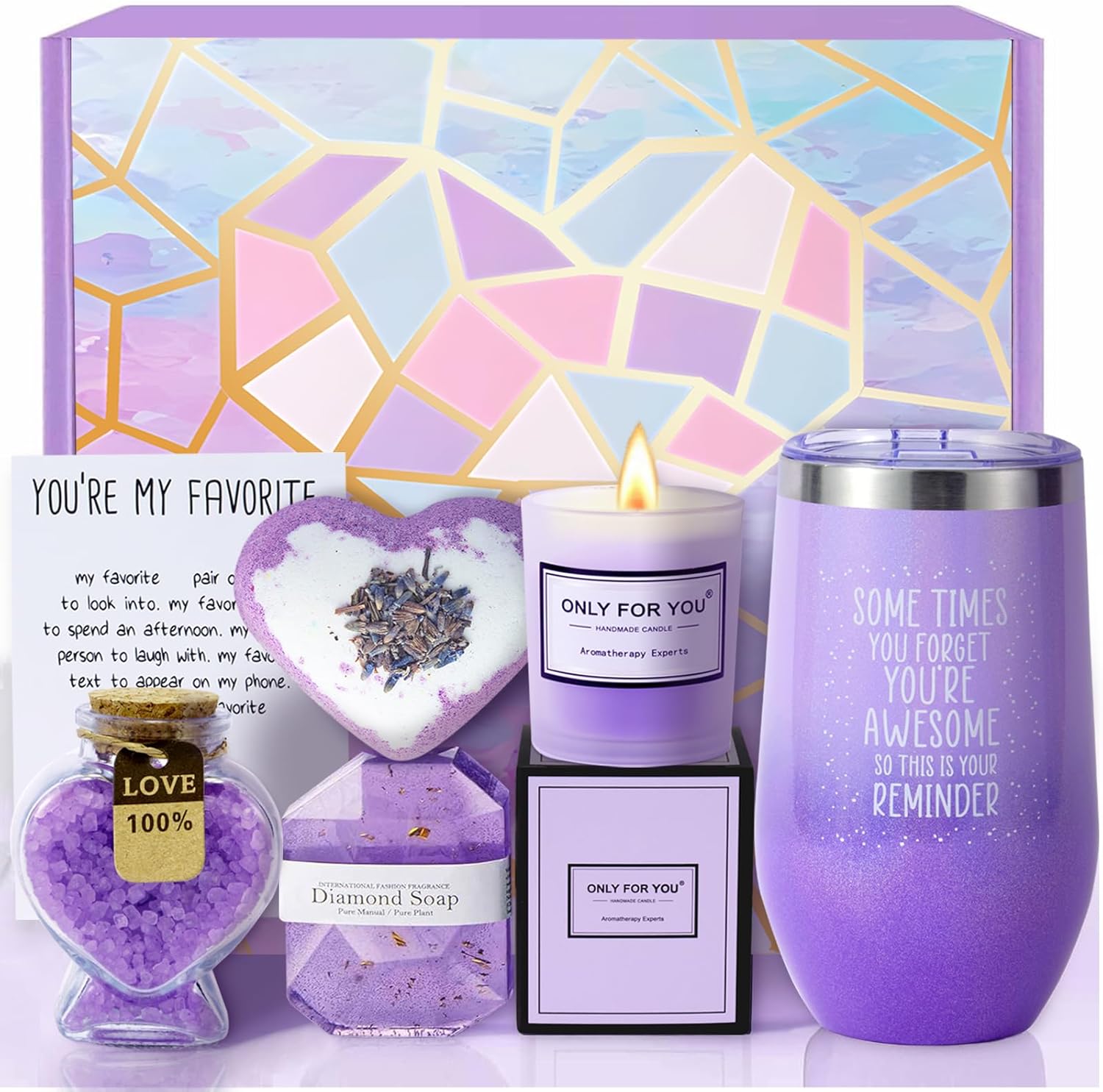 spa gifts basket for women, self care gifts get well soon gifts for her mom mother friends sister wife, unique happy birthday gift set package ideas for woman, 16oz wine tumbler cup purple gifts for women