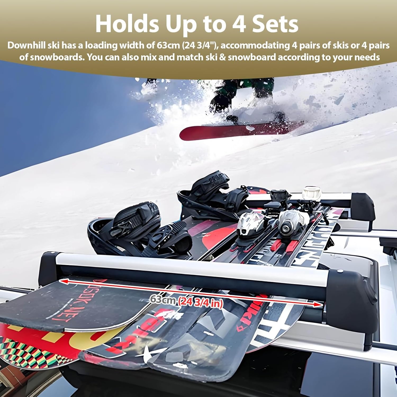 31 in Adjustable Car Roof Downhill Skis, Lockable Decorative Free-Standing Snowboard Rack, Insertion Aluminum Longboard/Surfboard Organizer(Silver)