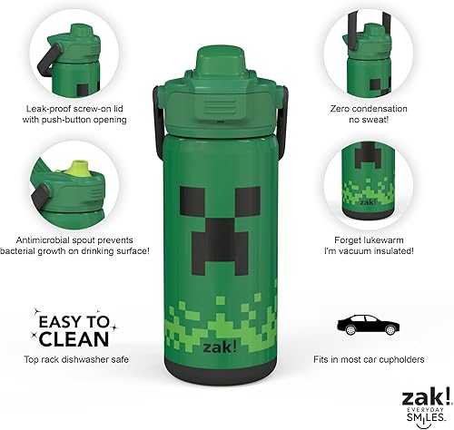 Miniatura 2 de Zak Designs Beacon - Botella aislada Minecraft, 14 onzas, acero inoxidable duradero, aislamiento al vacío de doble pared, boquilla de silicona