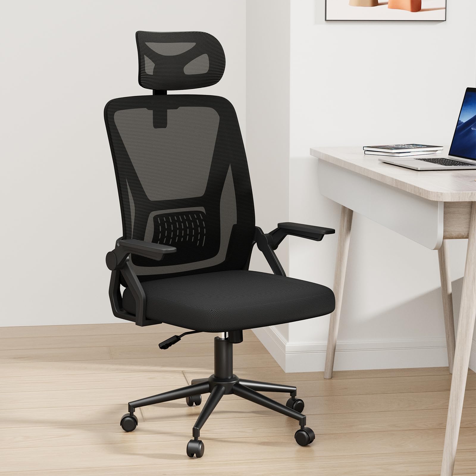 naspaluro Mesh Ergonomic Office Chair for Desk with Flip-up Armrests/Lumbar Support/Adjustable Headrest/Metal Claw, Comfy Swivel Heavy Duty Computer Study Chairs, Black Work PC Chair For Home Office