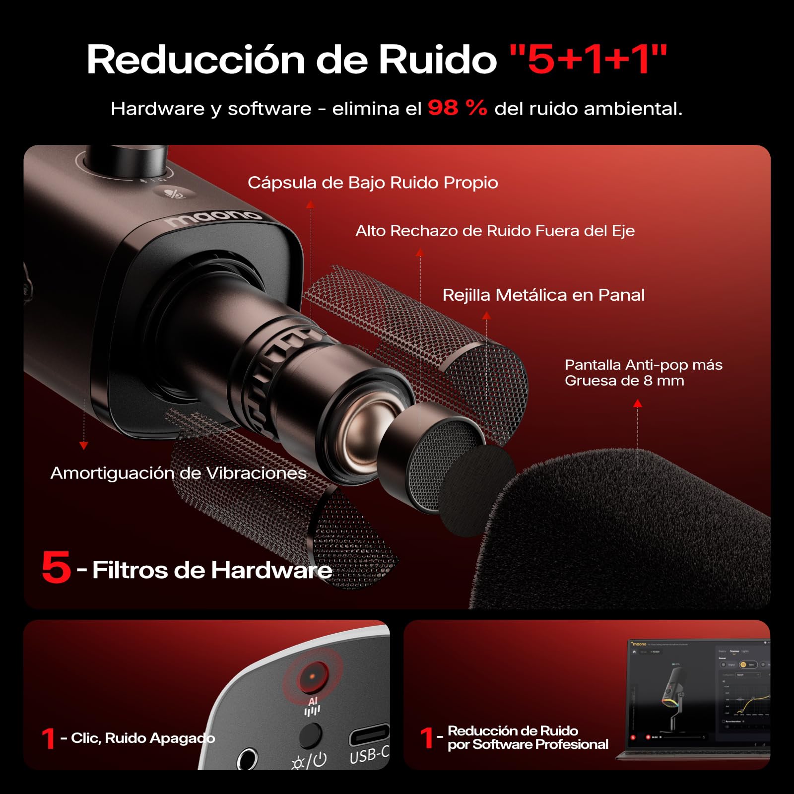 MAONO PD100WS Micrófono Gaming Inalámbrico para PC, Micrófono Dinámico USB con Brazo, 3 Niveles de Reducción de Ruido, RGB, Botón Mute & EQ por Software para Streaming, Podcast & Grabación, Negro