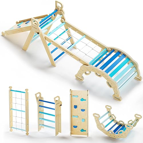 Miniatura 10 de BlueWood 2025 8-en-1 Juego de Escalada Triangular Pikler para Niños Pequeños Juguetes de Interior Parque Infantil de Jungla para Bebés - Rosa Morado