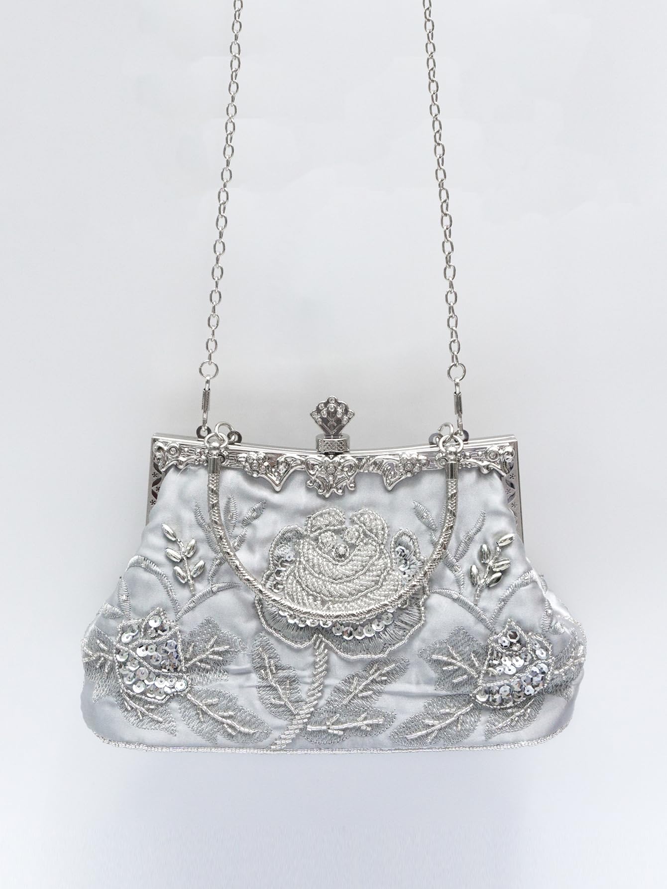 Borsa da sera vintage con perline ricamate con rose, elegante pochette con manico per matrimoni, feste ed eventi formali