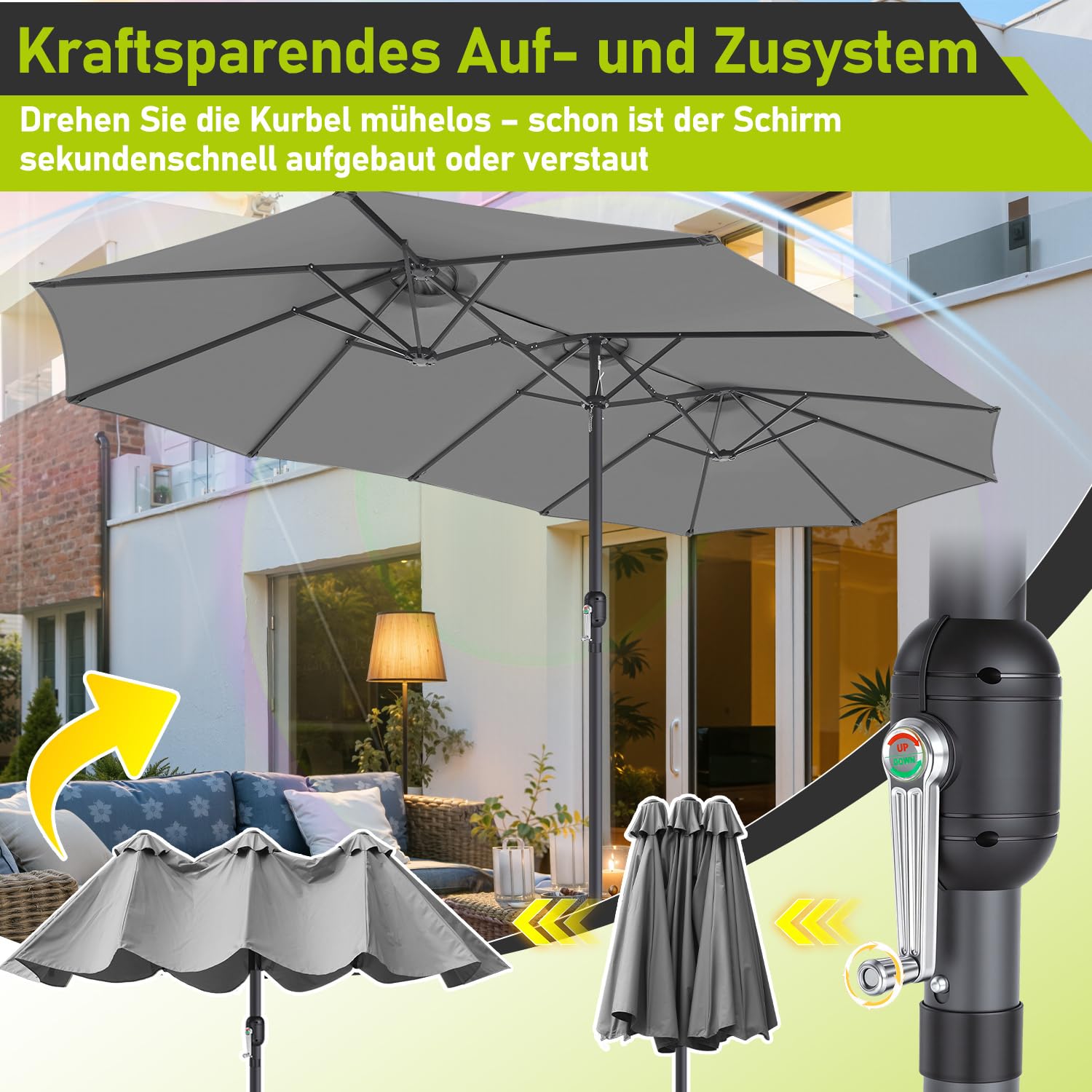 Podwójny parasol przeciwsłoneczny, prostokątny, 464 x 279 cm, z korbą ręczną, duży parasol ogrodowy, na taras, 12 stalowych żeber, ochrona przed promieniowaniem UV 50+, wiatroszczelny, szary
