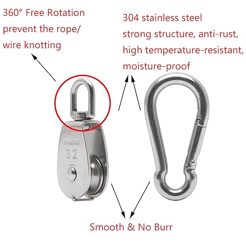 Vista 3 de 2 unidades de acero inoxidable 304 M32 de un solo bloque de polea, cuerda de alambre colgante de alambre de remolque, con 2 ganchos de resorte