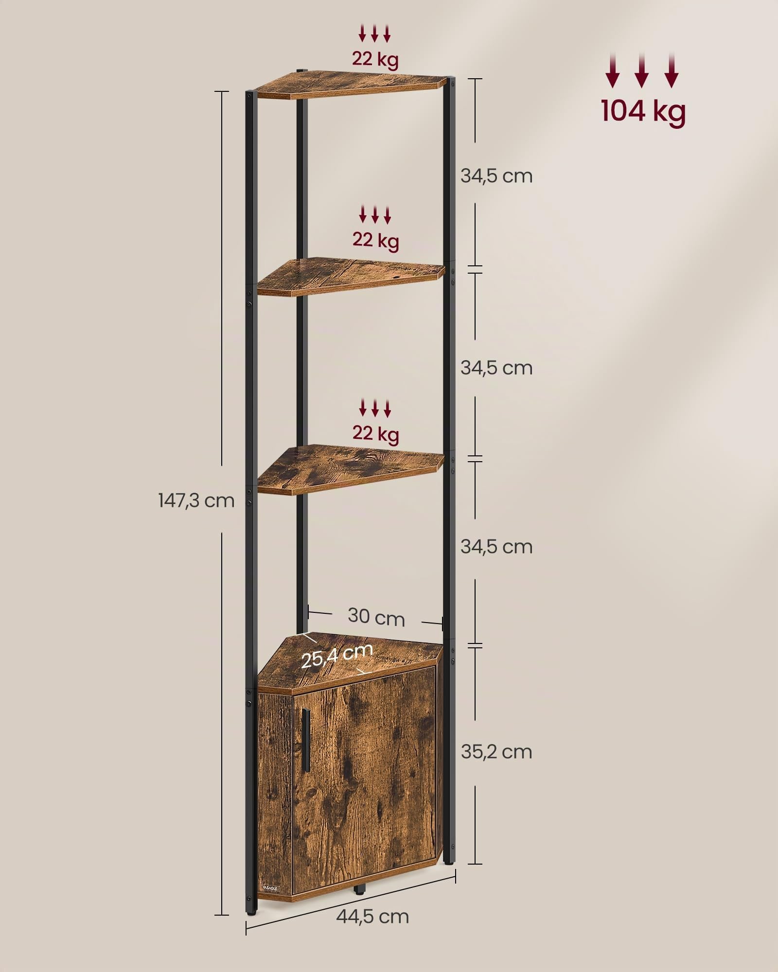 VASAGLE Étagère d’Angle, avec Placard, Meuble d’Angle à 5 Niveaux, Étagère de Rangement, pour Salon, Chambre, Cuisine, Salle de Bain, Marron Rustique et Noir d'encre LBC580K01
