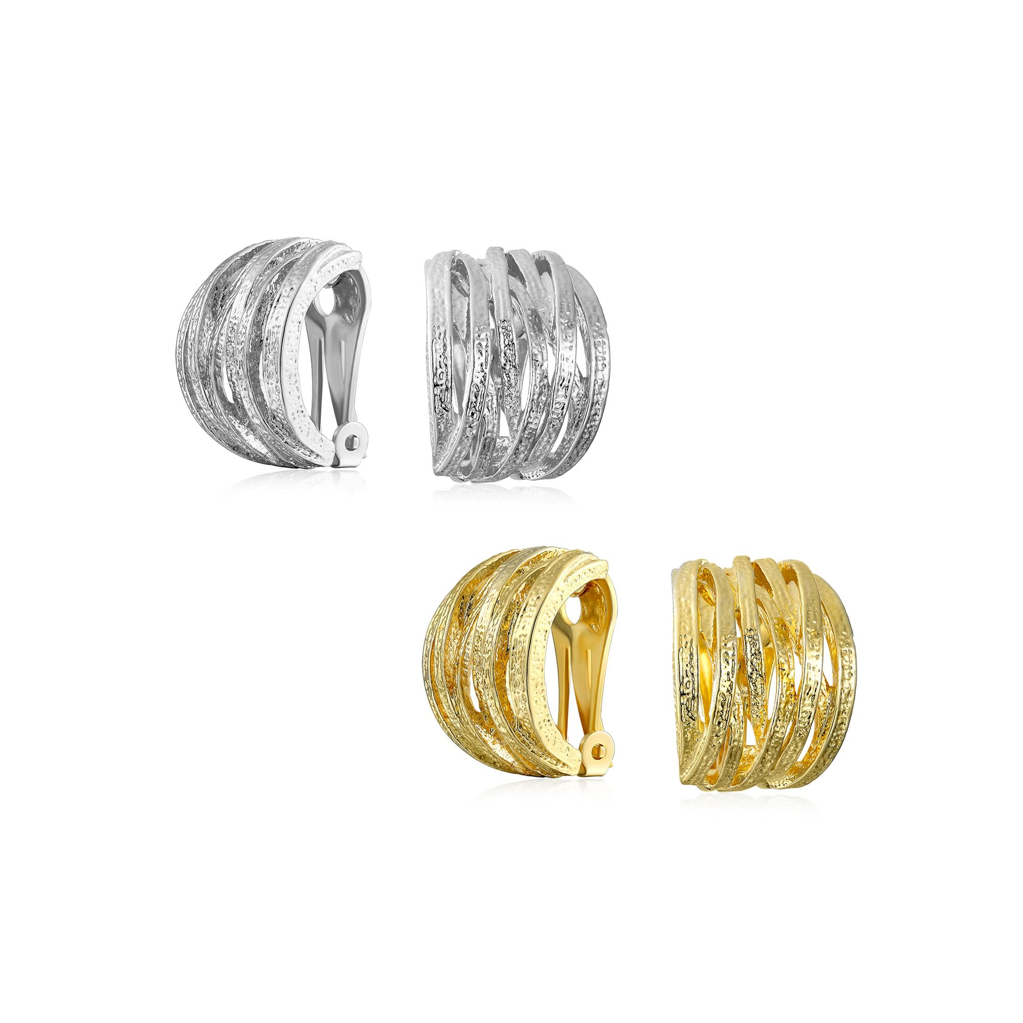 Set di due orecchini a clip a mezza cerchio larghi con intreccio a cestino aperto per donne senza orecchie forate, placcati in argento opaco e oro.