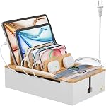 Pezin & Hulin Station de télépéage du bambou, station d'accueil téléphonique multichargeur, grande boîte de stockage de fils et organisateurs pour les câbles Hider (incluez 10-Port USB Chargeur et 6 Câbles) -Natural+White