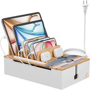 Pezin & Hulin Bamboo Charing Station, Multi Charger Organizer Phone Docking Station, Large Wire Storage Box and Organizers for Cords Hider (Include 10-Port USB Charger and 6 Cables) -Natural+White