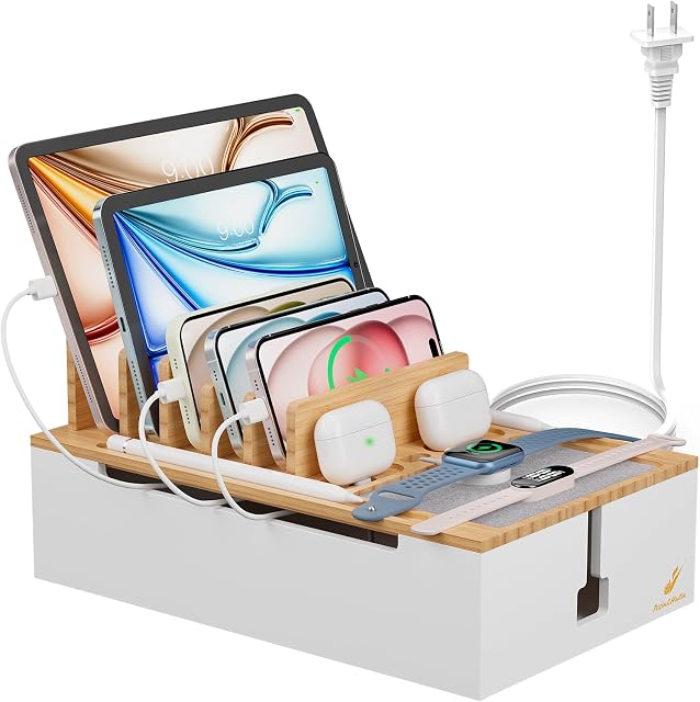 Pezin & Hulin Station de télépéage du bambou, station d'accueil téléphonique multichargeur, grande boîte de stockage de fils et organisateurs pour les câbles Hider (incluez 10-Port USB Chargeur et 6 Câbles) -Natural+White