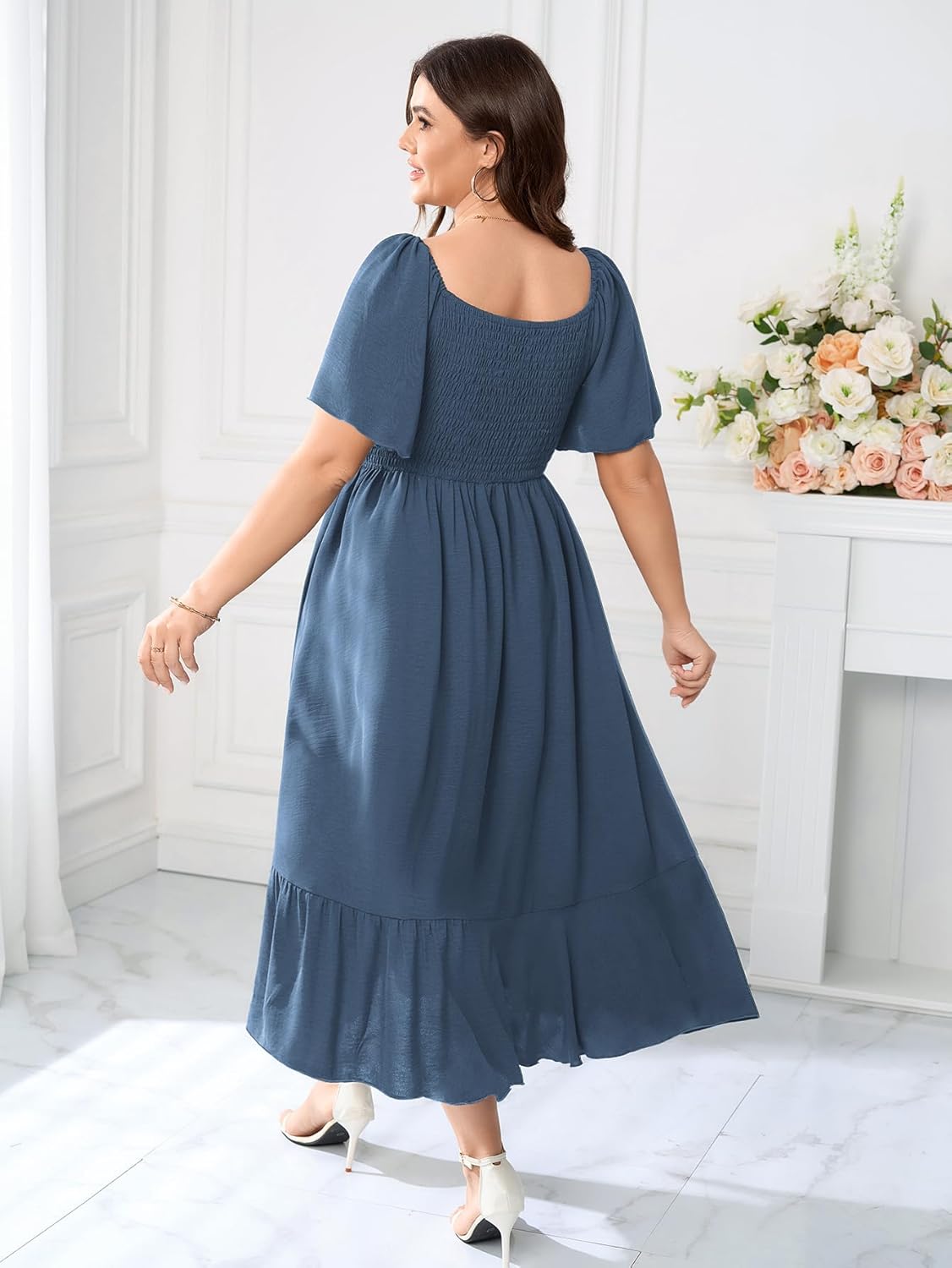 Plus Size Casual Maxi Dresses for Curvy Women Short Sleeve Empire Waist Smocked Wedding Guest Dress Button Down - Image 6