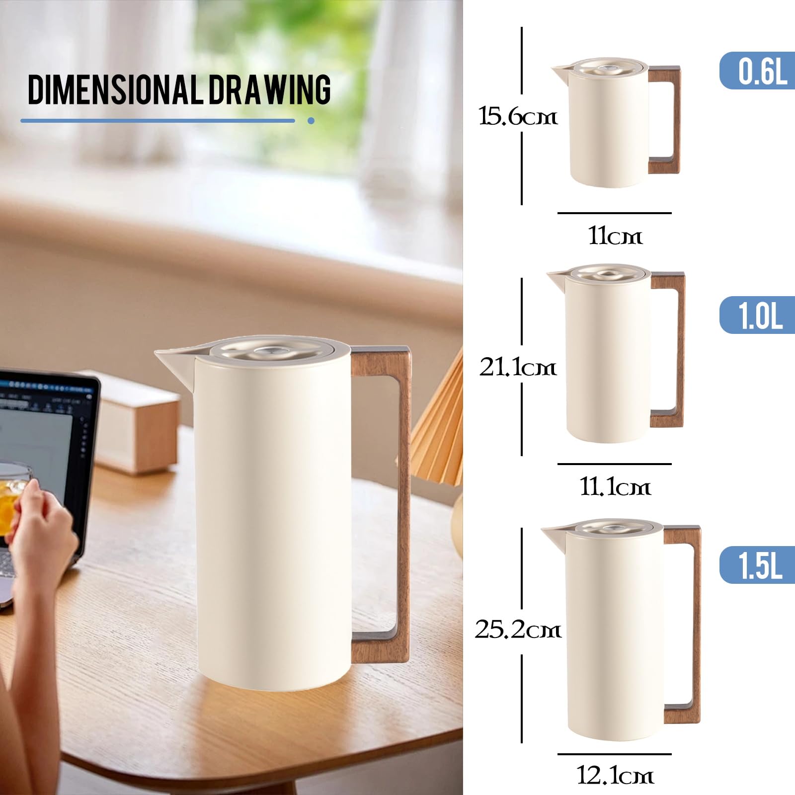 Pichet Isotherme Thermos, Carafe à Café Thermique Acier Inoxydable, Avec Poignée En Bois Et Bouton-poussoir De Sécurité Simple, Pour La Maison, L'hôtel, Le Bureau (Beige,1L)