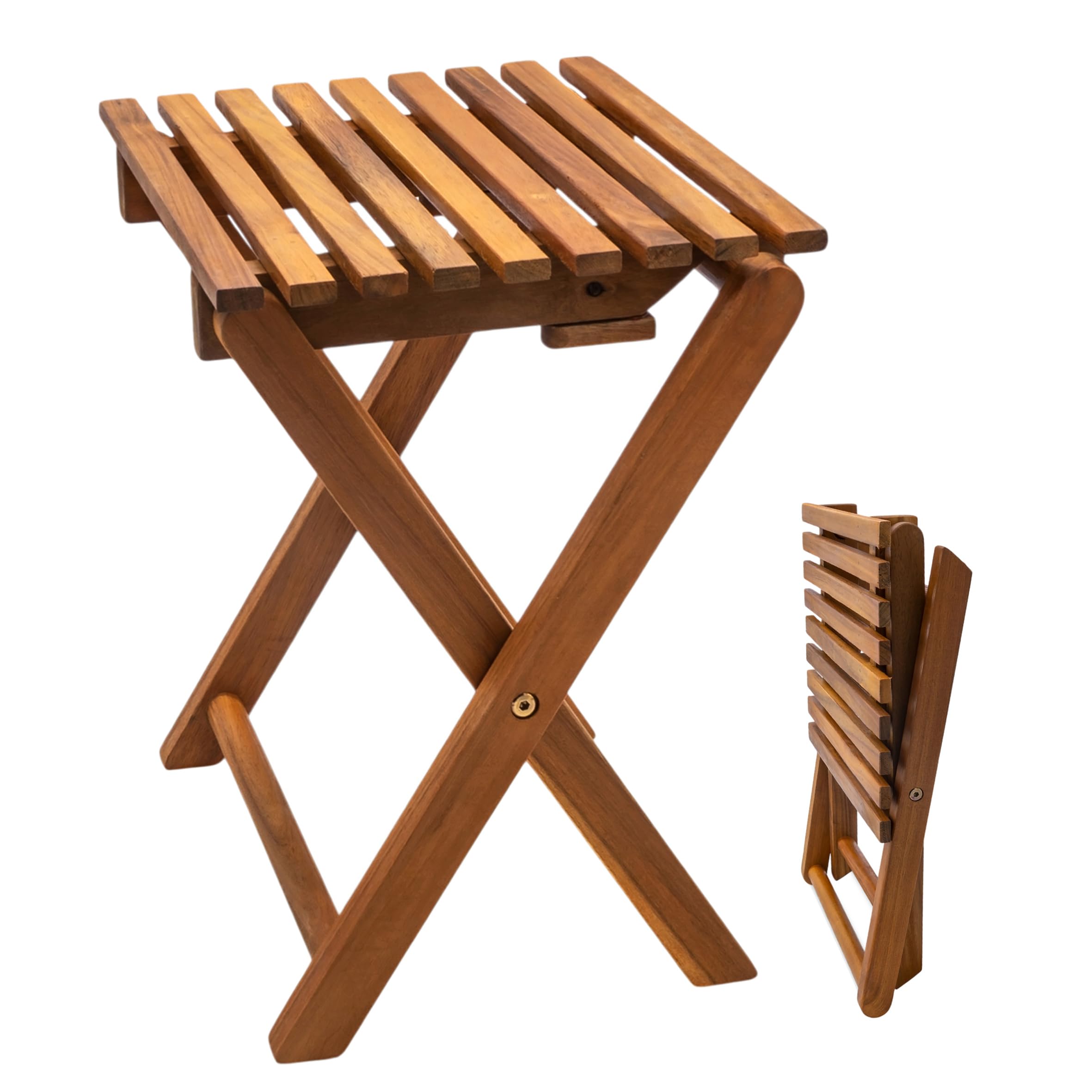 Spetebo Tabouret pliant en acacia - 37 cm - Aspect teck - Tabouret de jardin en bois - Table d'appoint - Tabouret pour plantes | Bois aspect teck, pliable, tabouret à fleurs, table d'appoint, tabouret pour plantes