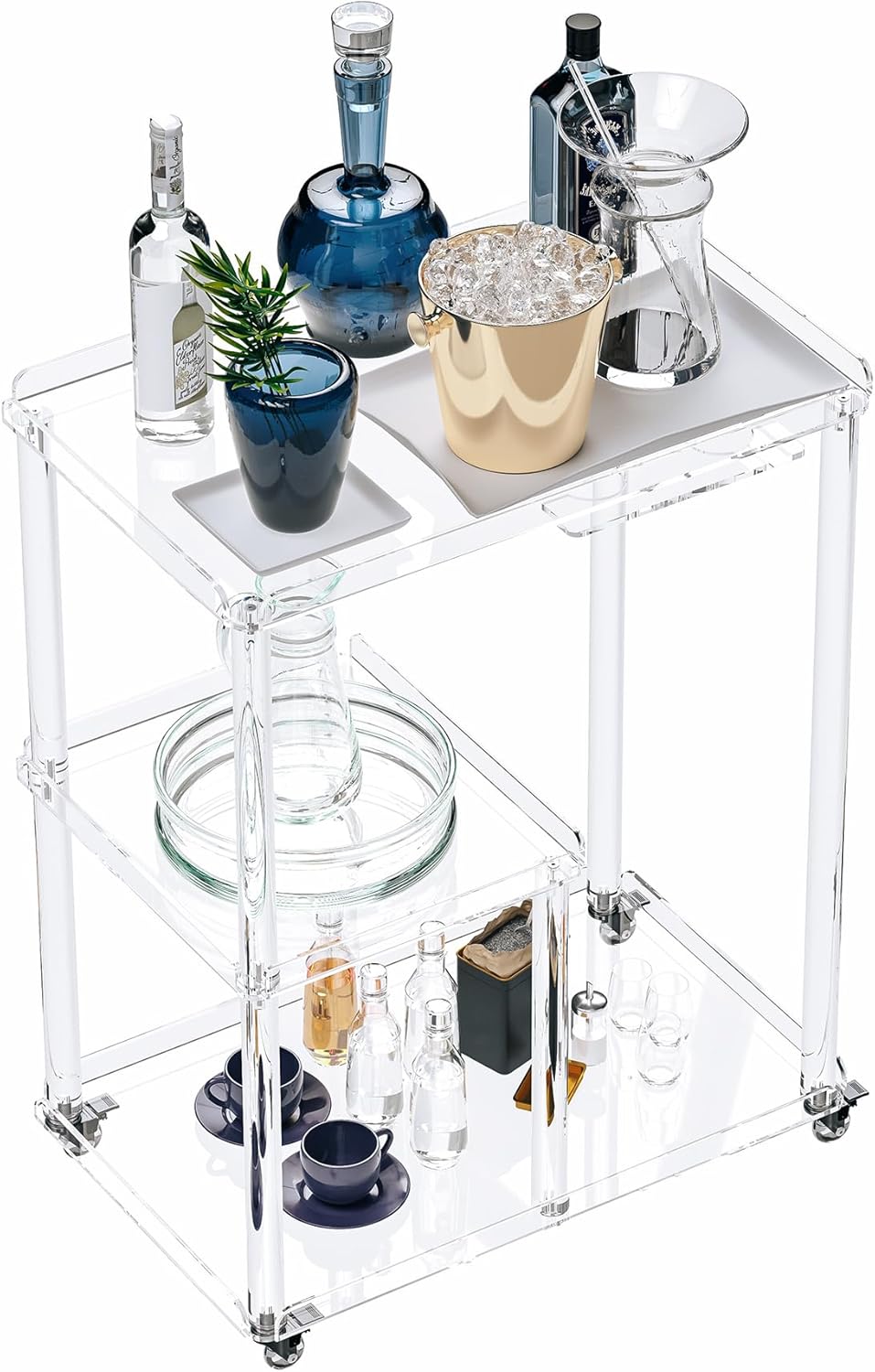 Dethan Acrylic Bar Cart with Lockable Wheels, 3 Tier Clear Serving Cart with Glass Holder, Rolling Beverage Cart for Home, Kitchen, Dining Room, Portable Mobile Bar Trolley for Small Spaces SYYKL-TC02