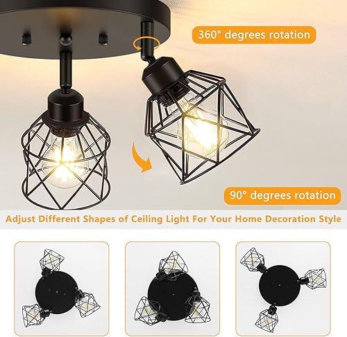 Miniatura 4 de Lámpara de techo empotrada de 3 luces, lámpara de techo multidireccional ajustable, jaula de metal negro de granja cerca de la lámpara de techo para