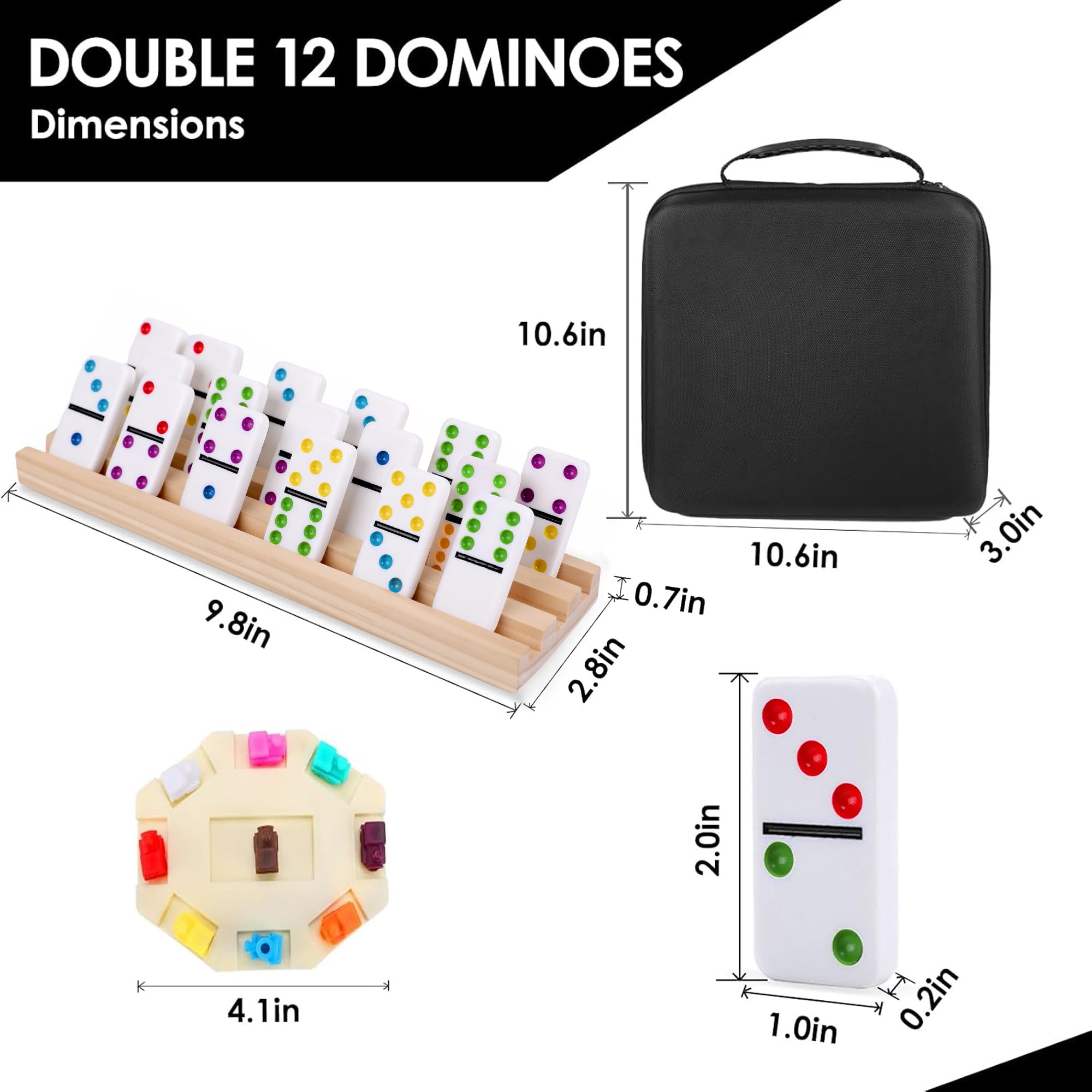 Domino-Set mit mexikanischem Zug, doppelt, 12 farbige Punkte, mit 8 Holzregalen, bunt, 91 Fliesen, mit tragbarem Reiseetui, klassisches Brettspiel für Erwachsene und Kinder, Familie
