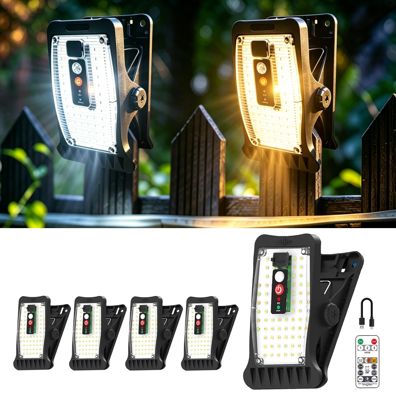 4 Clip-Solarlampen Außen mit Bewegungsmelder für Zäune,Dachrinnen,Garten | 70 LEDs 800LM, 1500 mAh Akku,Fernbedienung, 3 Modi und 3 Farbtemperaturen, Schutzklasse IP55 Außenleuchte,Sicherheitsleuchte