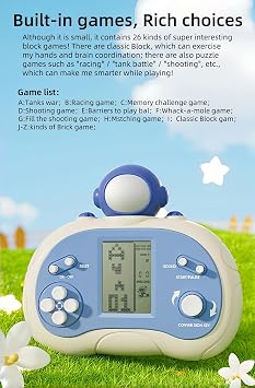 Cute Cartoon Block Game Console Compact Portable 26 Retro Game Bricks/Race/Tank Combat Adjustable Difficulty/Speed Children/Student Birthday/Holiday Puzzle Cube Toys (Blue)