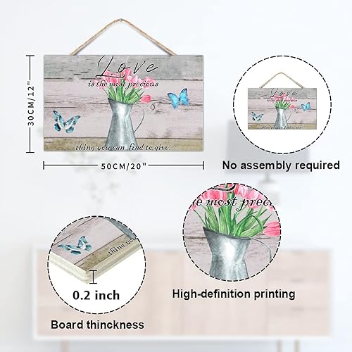 Miniatura 2 de TEANFUN Decoración artística de pared con texto en inglés Love Wall diseño rústico para colgar en la pared diseño positivo florero de madera 12 x 20