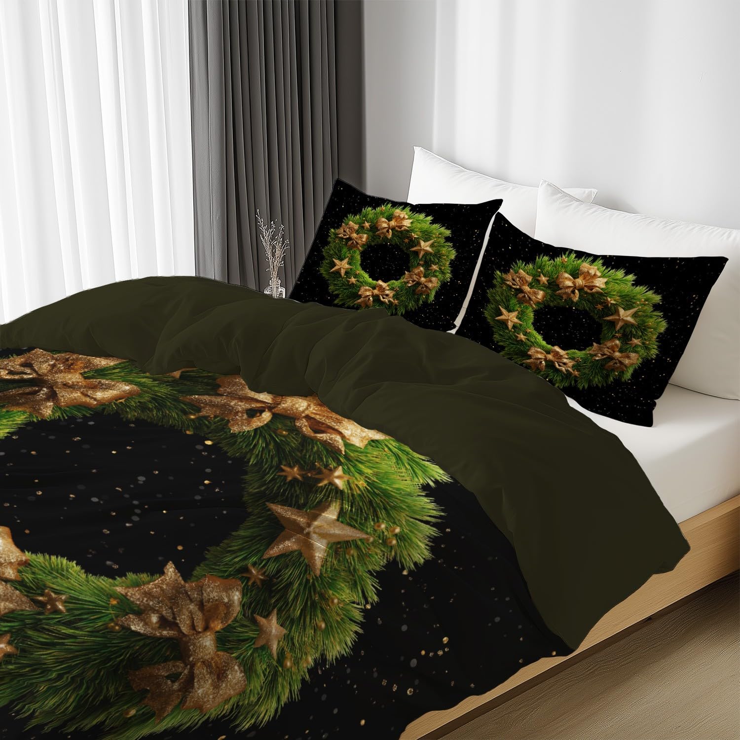 Czarna zielona taśma z gwiazdami korony 200 x 200 cm (79 cali x 79 cali) lekka oddychająca poszwa na kołdrę z mikrofibry z nadrukiem zestaw pościeli elegancka pościel z 2 poszewkami na poduszki