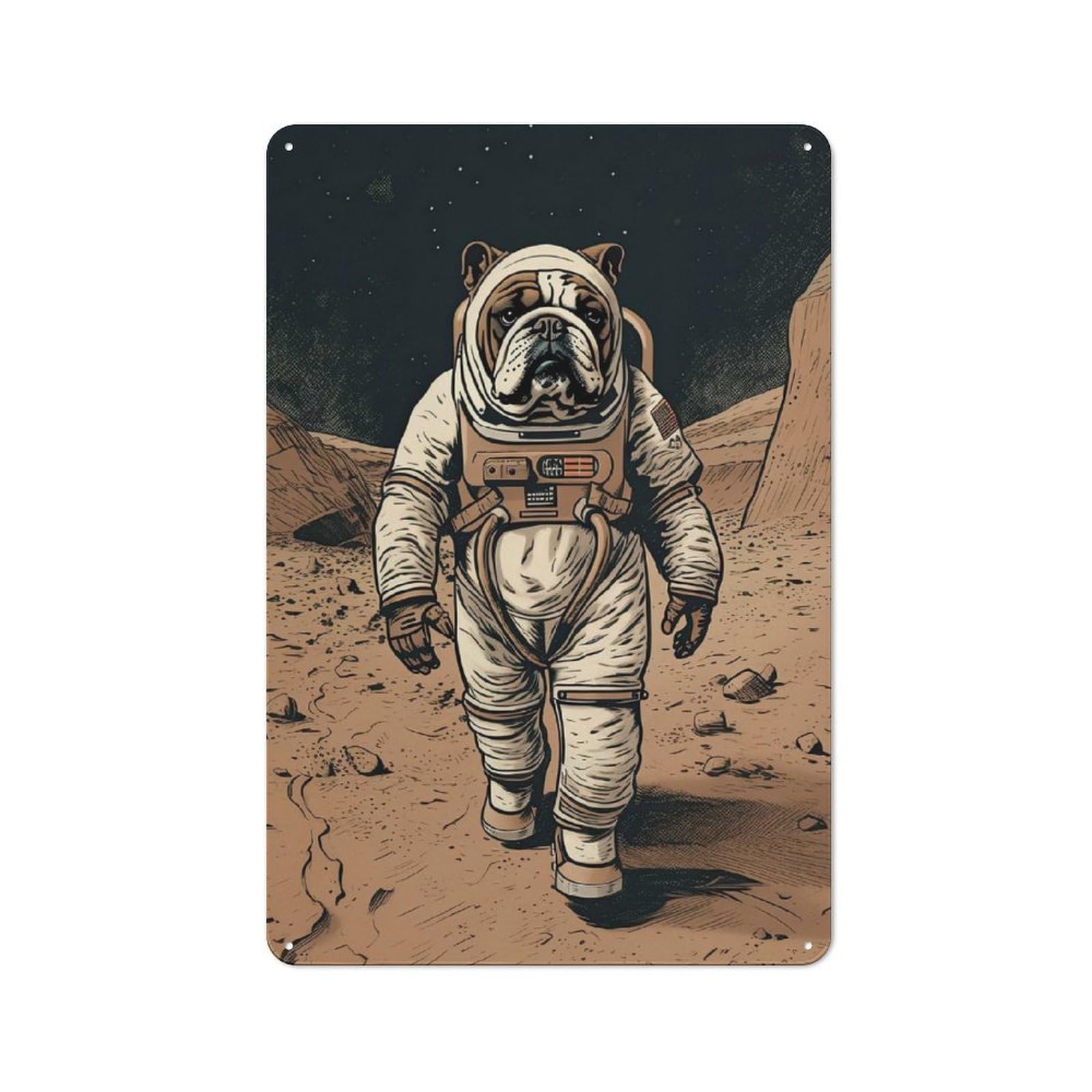 Junmoney Style-17 Metal Wall Plaque With English Bulldog On Mars Design 30X20cm, Retro Small Space Decor For Flat, Dorm Room, Lounge Or Cafe
