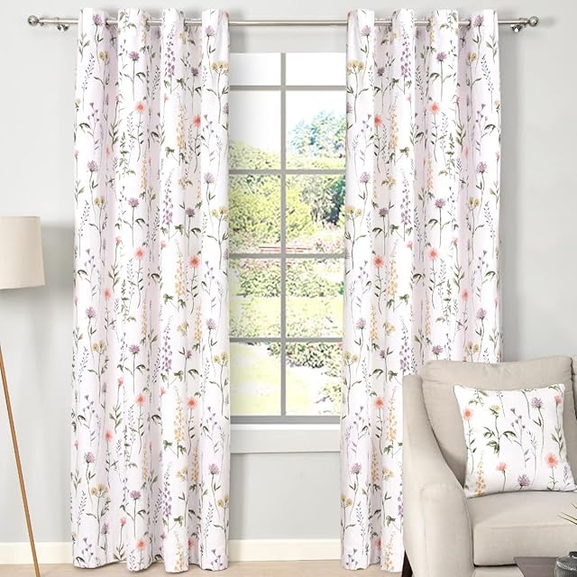 Sleepdown Meadow Stem Floral Printed Thermal Insulated Eyelet Curtains for Bedroom and Living Room - 46x54 - White Multi - 2 Panels