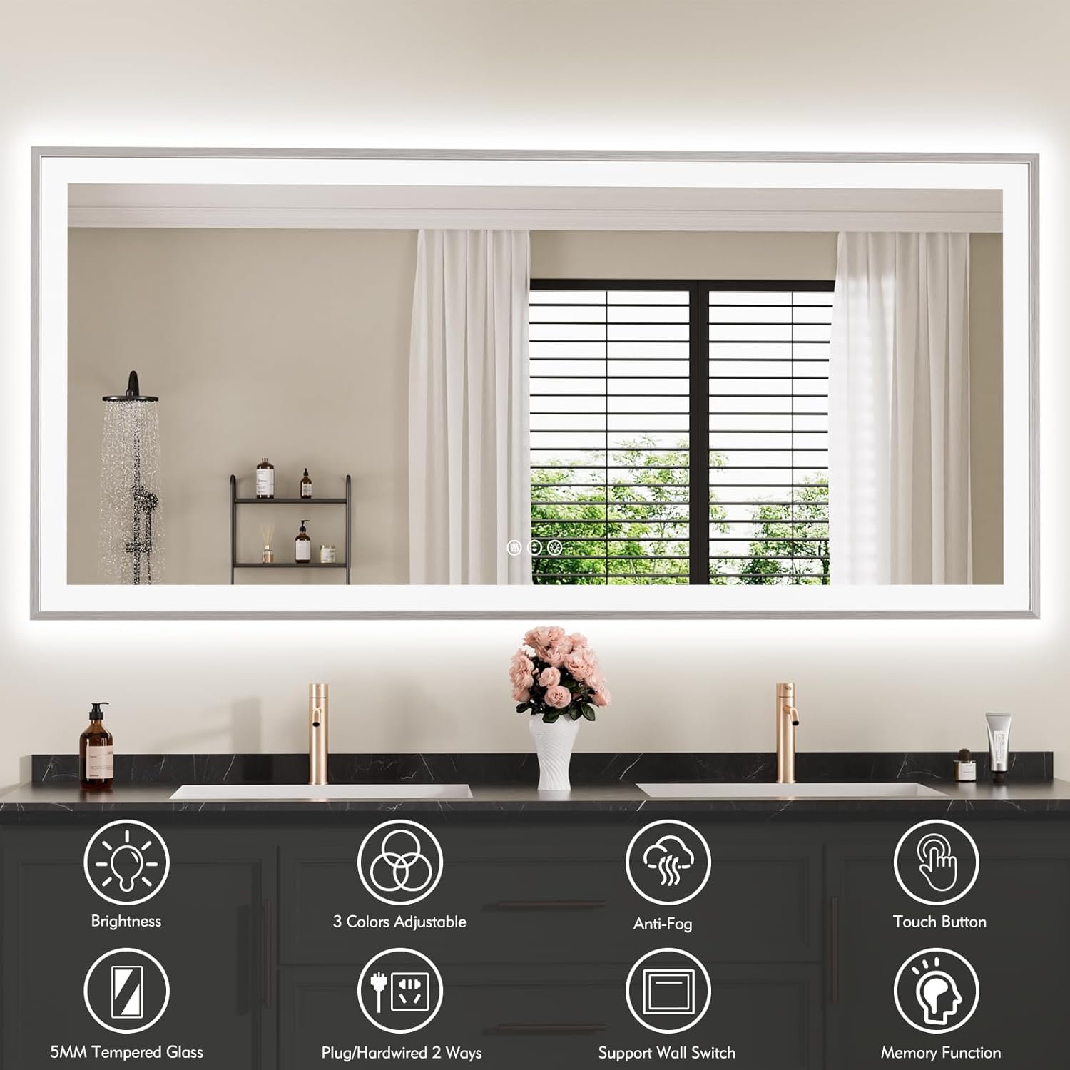 60x28 silver led bathroom mirror, rectangle brushed nickel lighted mirror for wall, stepless dimmable led vanity mirror with front-lit and backlit, tempered glass, anti-fog, memory silver-dual light 60"l x 28"w