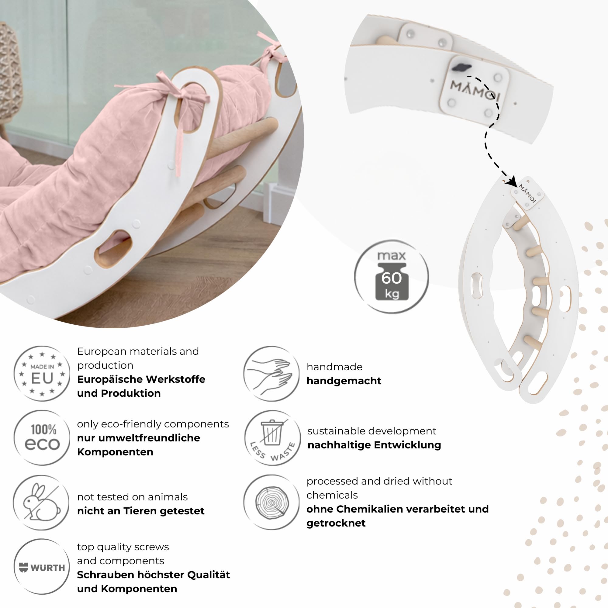 MAMOI Trójkąt do wspinaczki | drewniane rusztowanie do wspinaczki do wnętrz | łuk wspinaczkowy z matą | tęczowy drewniany | 100% ekologiczny | wyprodukowano w UE