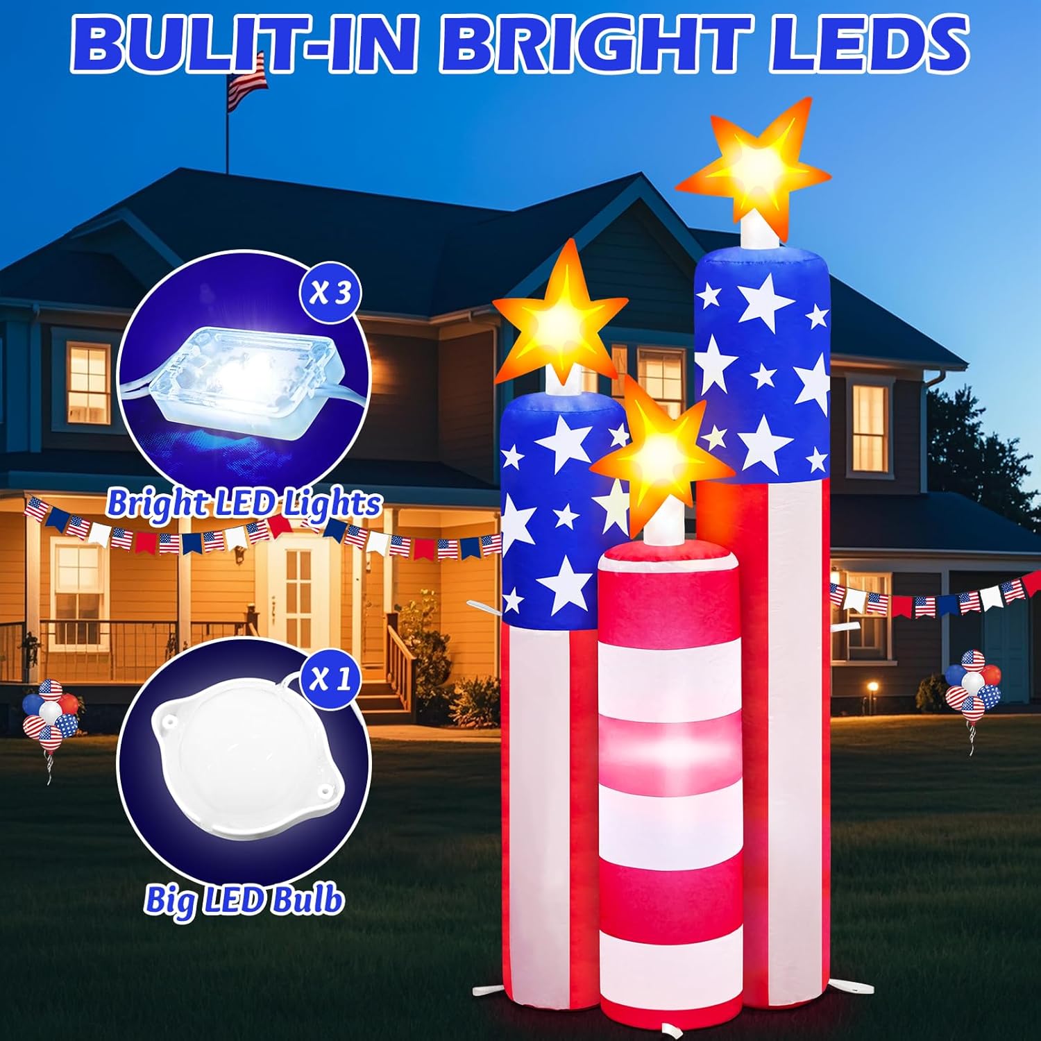 MICOCAH 4FT Tall 4th of July Inflatables Fireworks Outdoor Decorations, Patriotic Independence Day Blow Up Yard Decor with LED Light for Garden, Lawn, Indoor, Patio, Holiday, Party